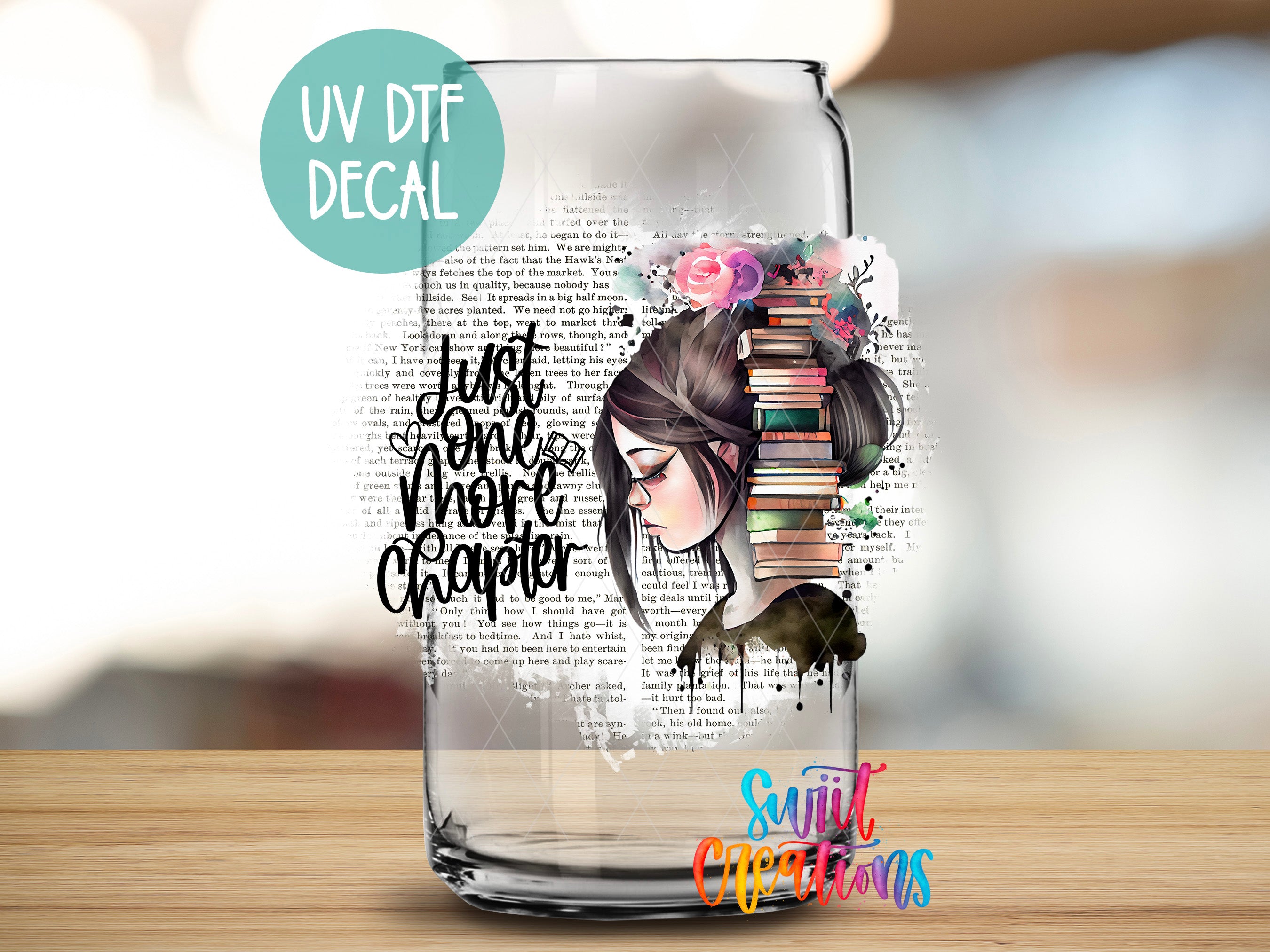 a glass with a picture of a girl with a book on it
