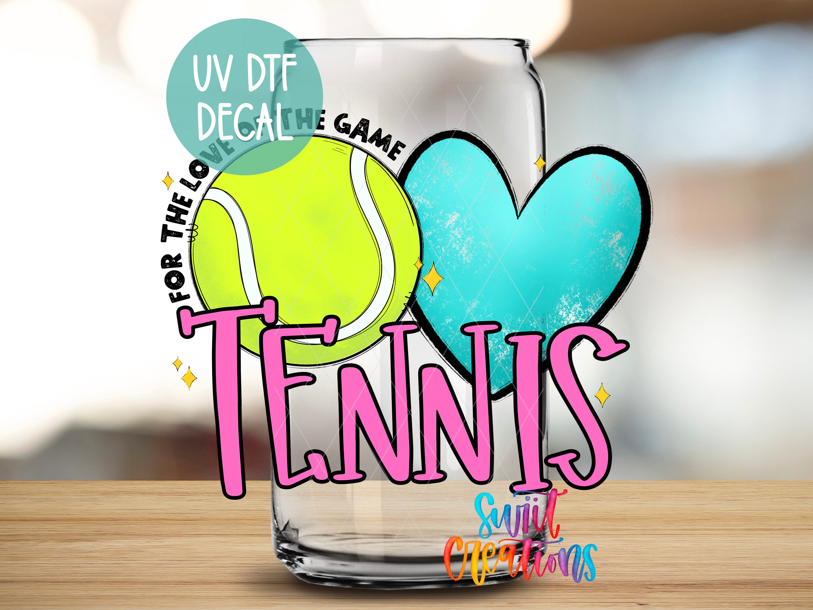 a tennis ball and a heart, with the word "Tennis" written in large pink letters.