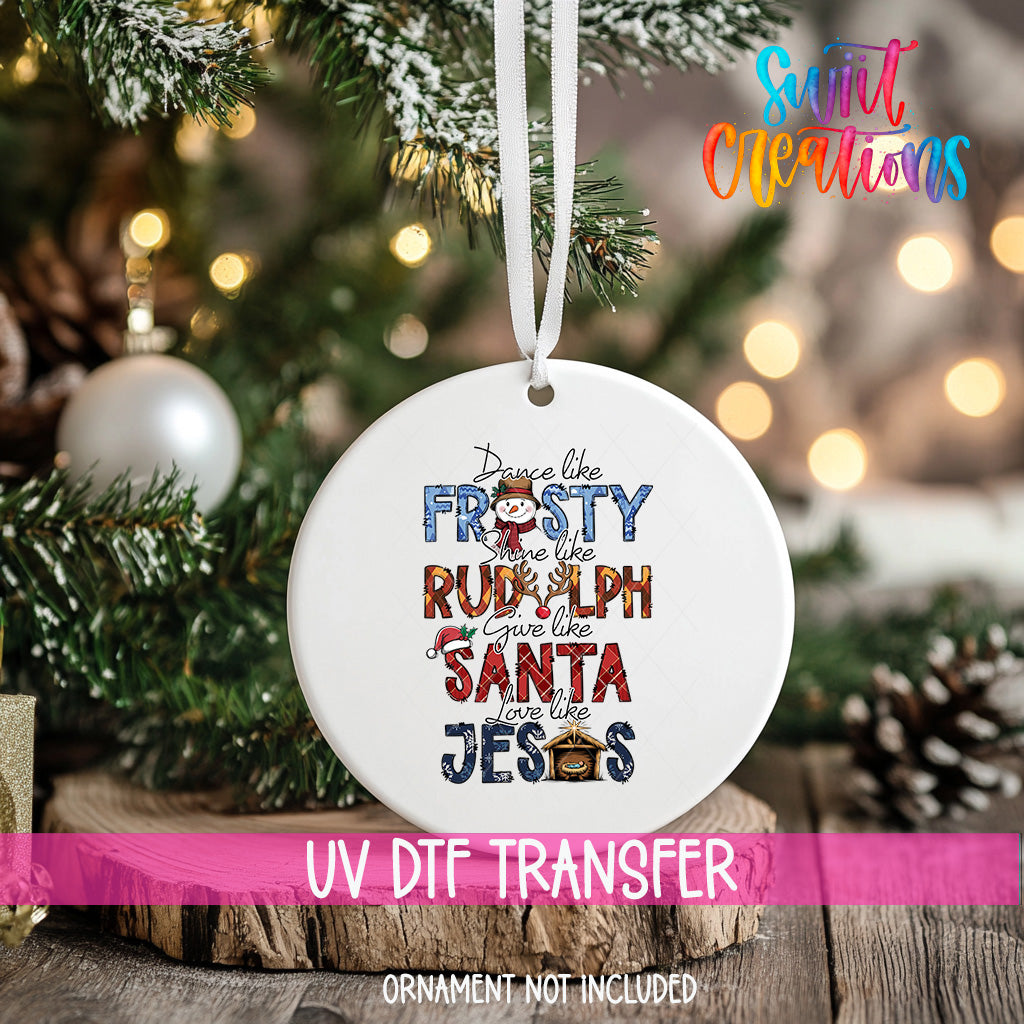 A white ornament with a Christmas tree in the background, featuring a colorful design with text and illustrations.