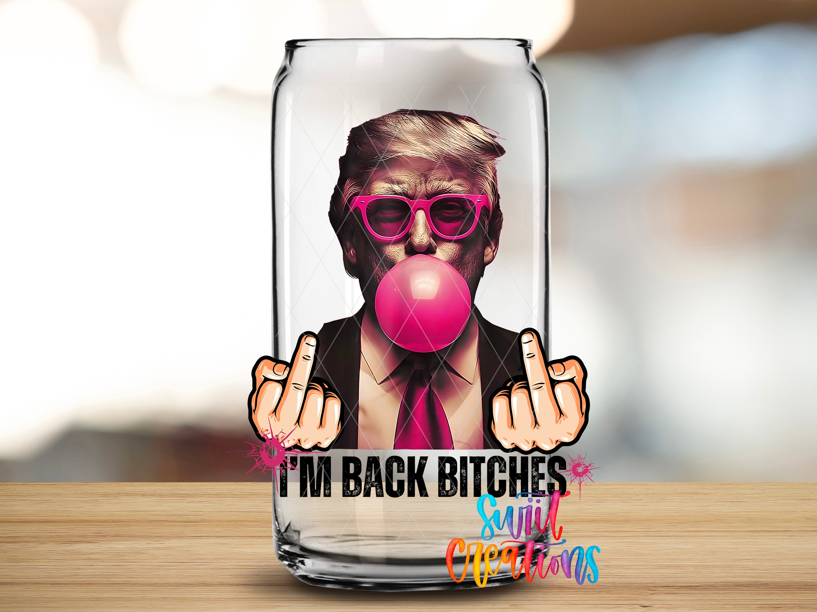 A glass can with a graphic design featuring a man wearing sunglasses and making a peace sign with his fingers.