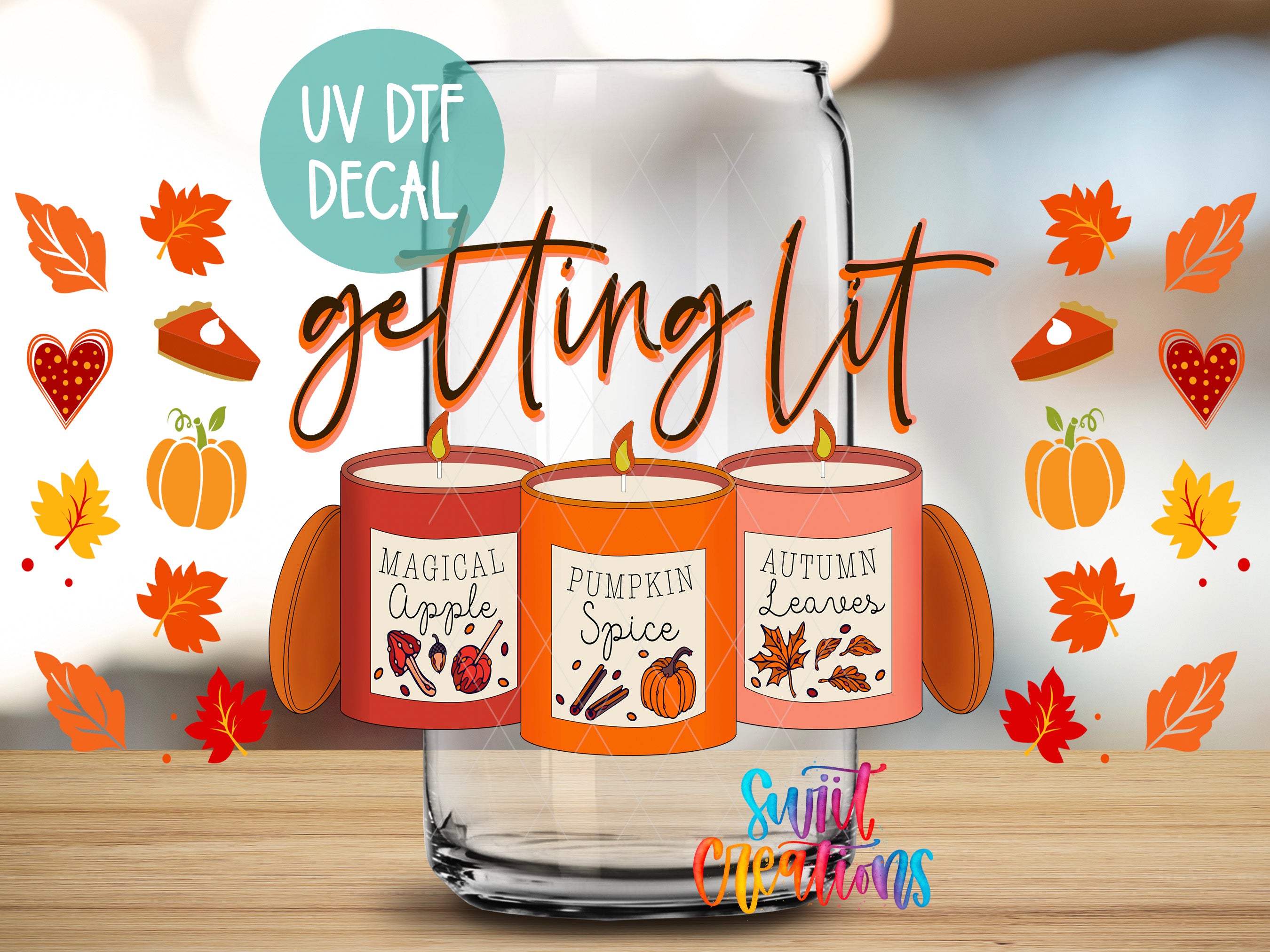 a glass jar with three candles labeled "MAGICAL APPLE SPICE" and "PUMPKIN LEAVES" on it, surrounded by autumn leaves and other fall-themed decorations.