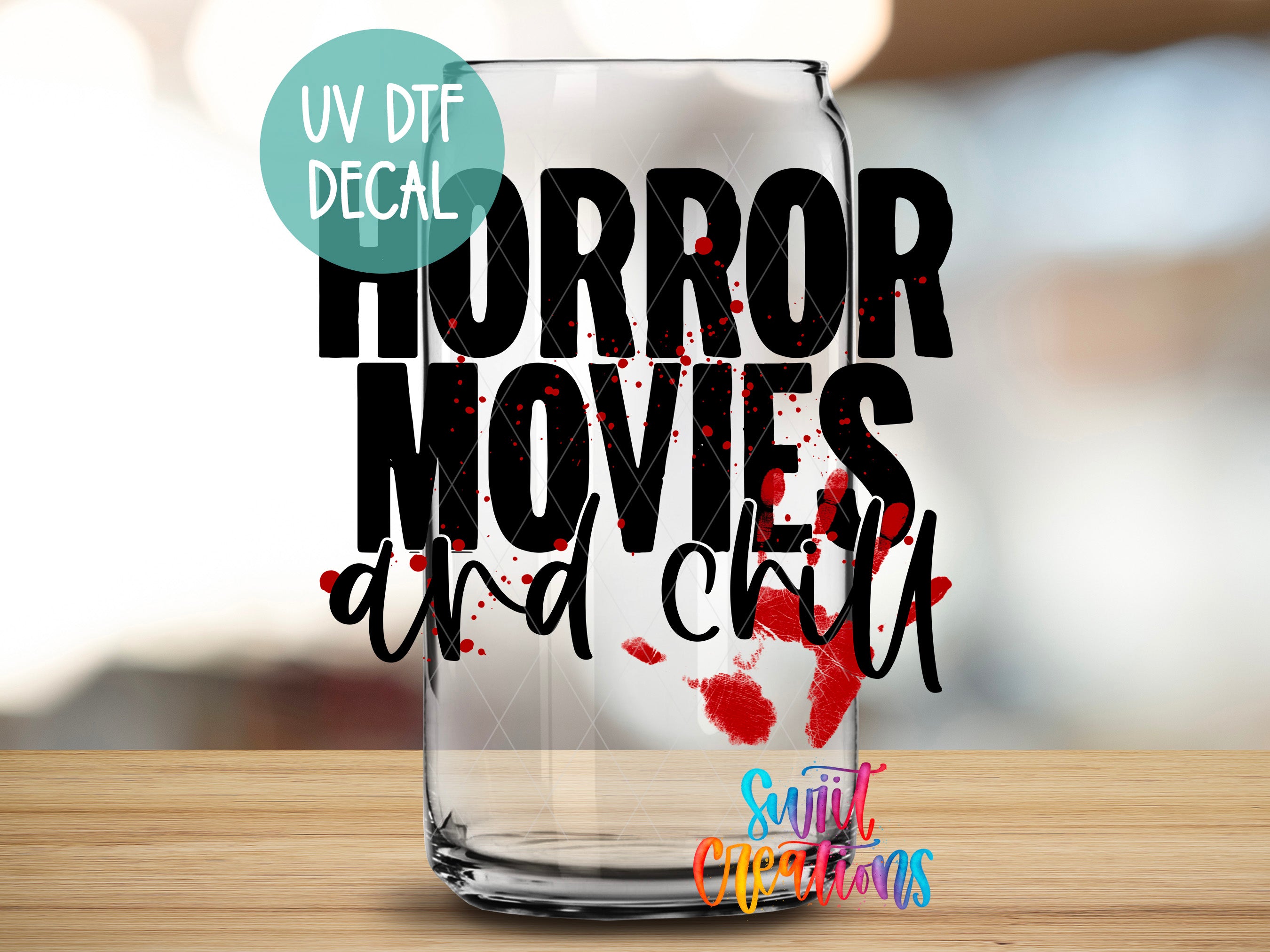 a glass with the words horror movies and chill on it