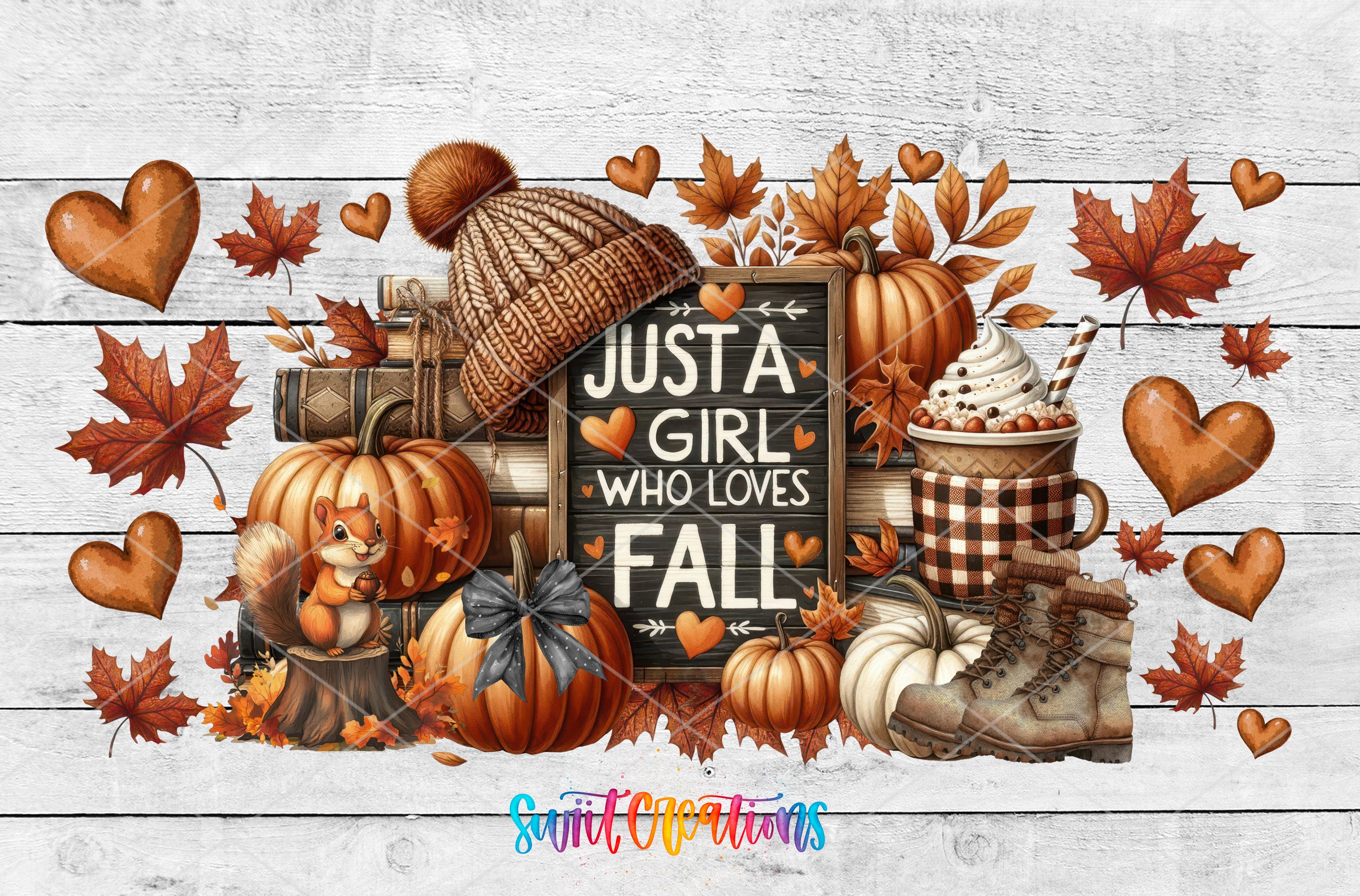 The image is a collage of various fall-themed items, including pumpkins, a sign, a cup of hot chocolate, and a squirrel, all set against a white wooden background.