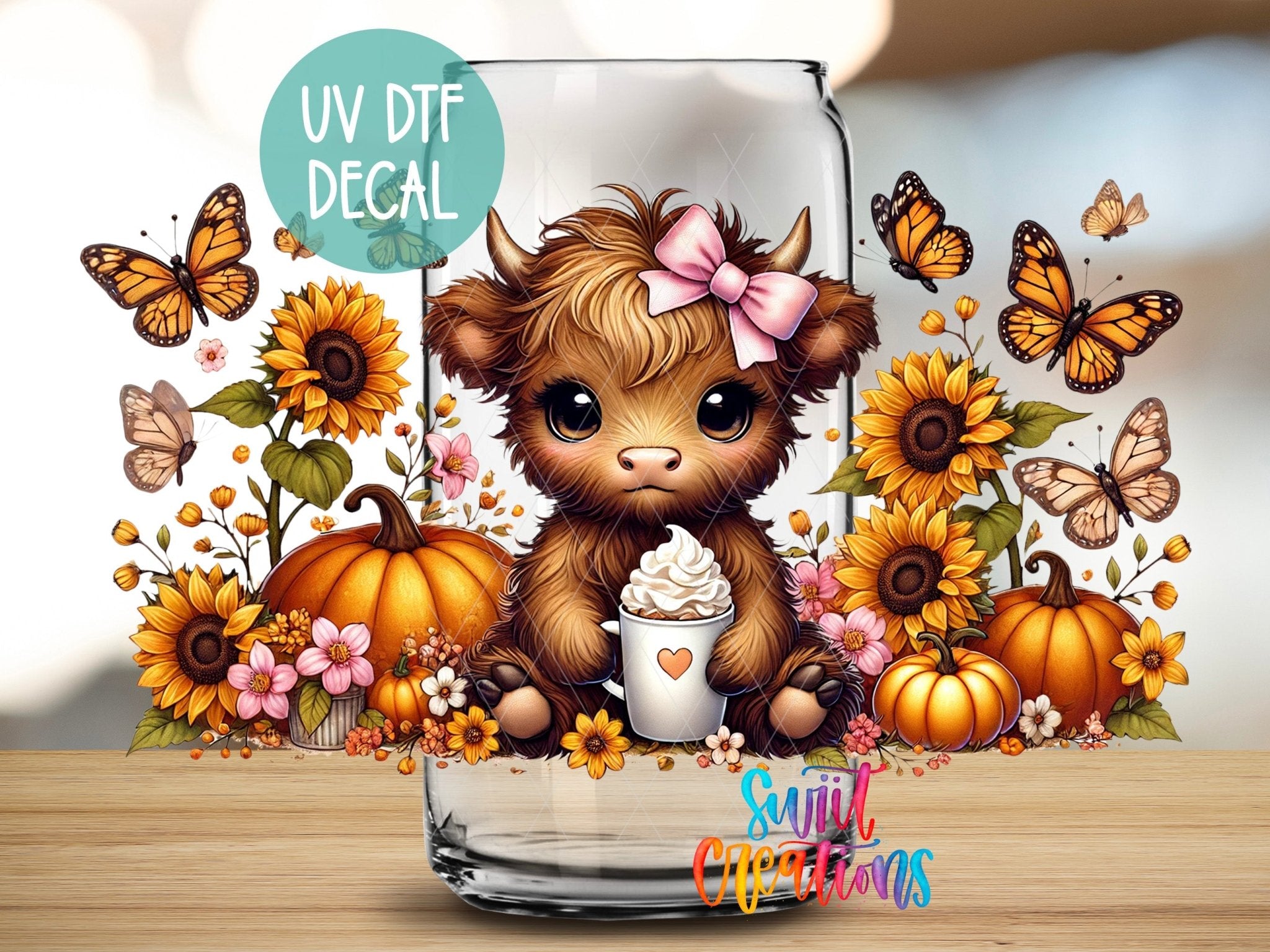 Floral Highland Cow UV DTF Transfer Tumbler Wrap | Sunflower Pumpkin Fall Cup Decal | DTF299 - Swiit Creations