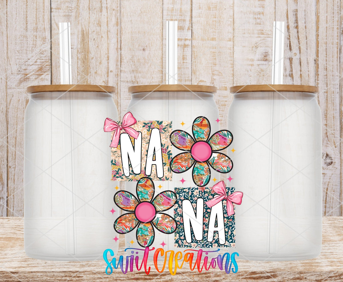Floral Nana Bow UV DTF transfer applied to a clear glass can set from Swiit Creations