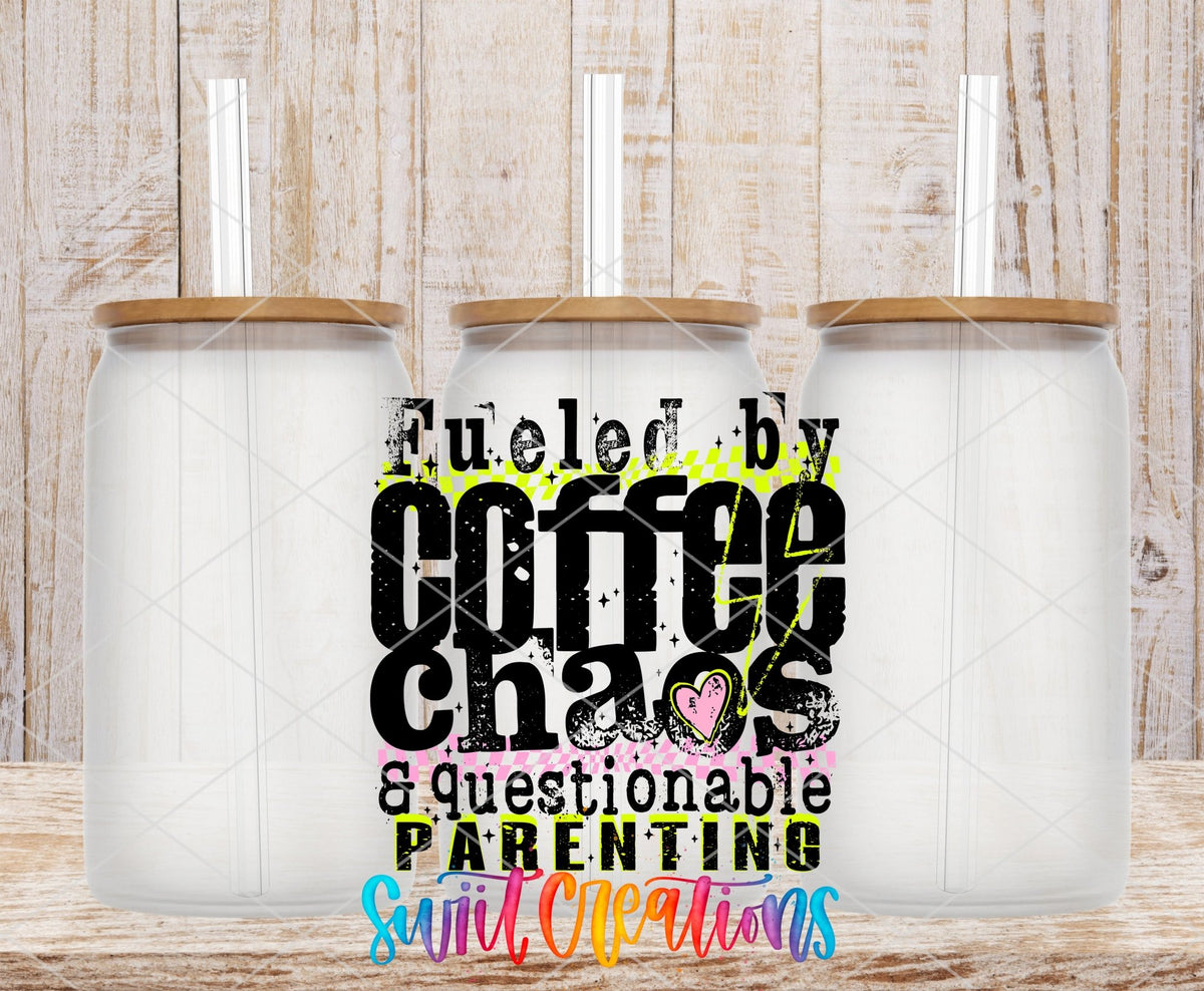 Fueled By Coffee Chaos UV DTF transfer applied to a clear glass can set from Swiit Creations