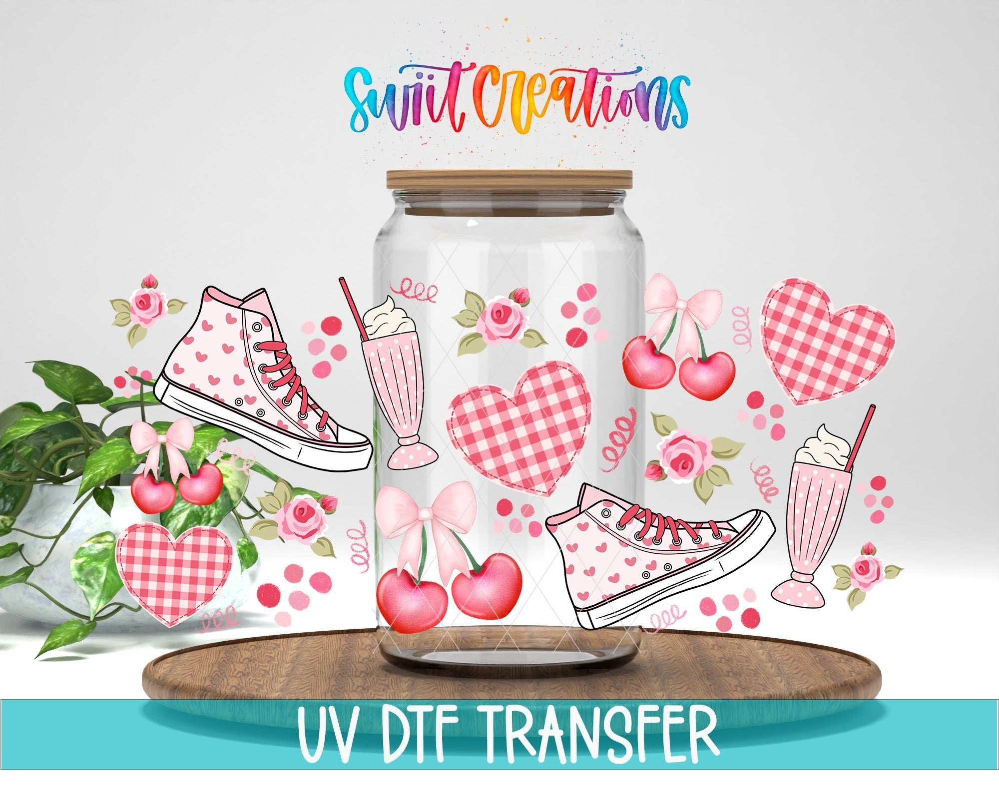 Gingham And Cherries UV DTF Transfer Tumbler Wrap | Pink Sneaker Heart Milkshake Cup Decal | DTF258 - Swiit Creations