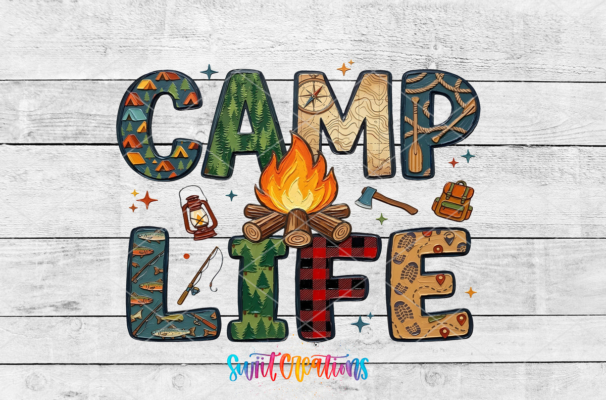 Camp Life artwork detail for the finished 16 oz tumbler