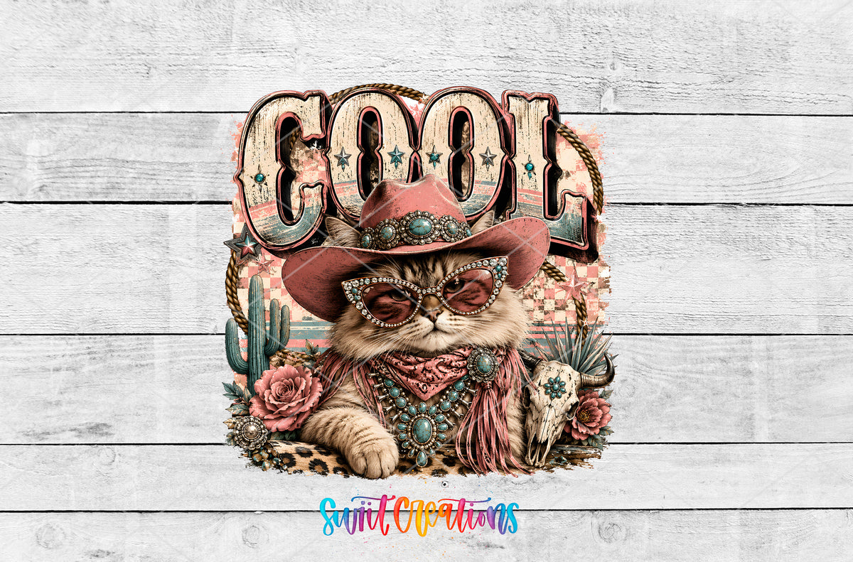 Western Glam Cool Cat artwork detail for the finished 16 oz tumbler