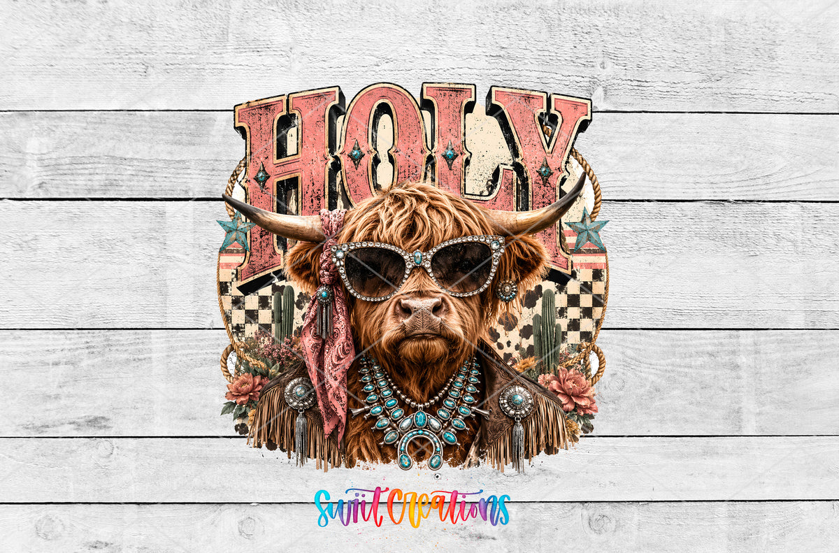 Western Glam Holy Cow artwork detail for the finished 16 oz tumbler