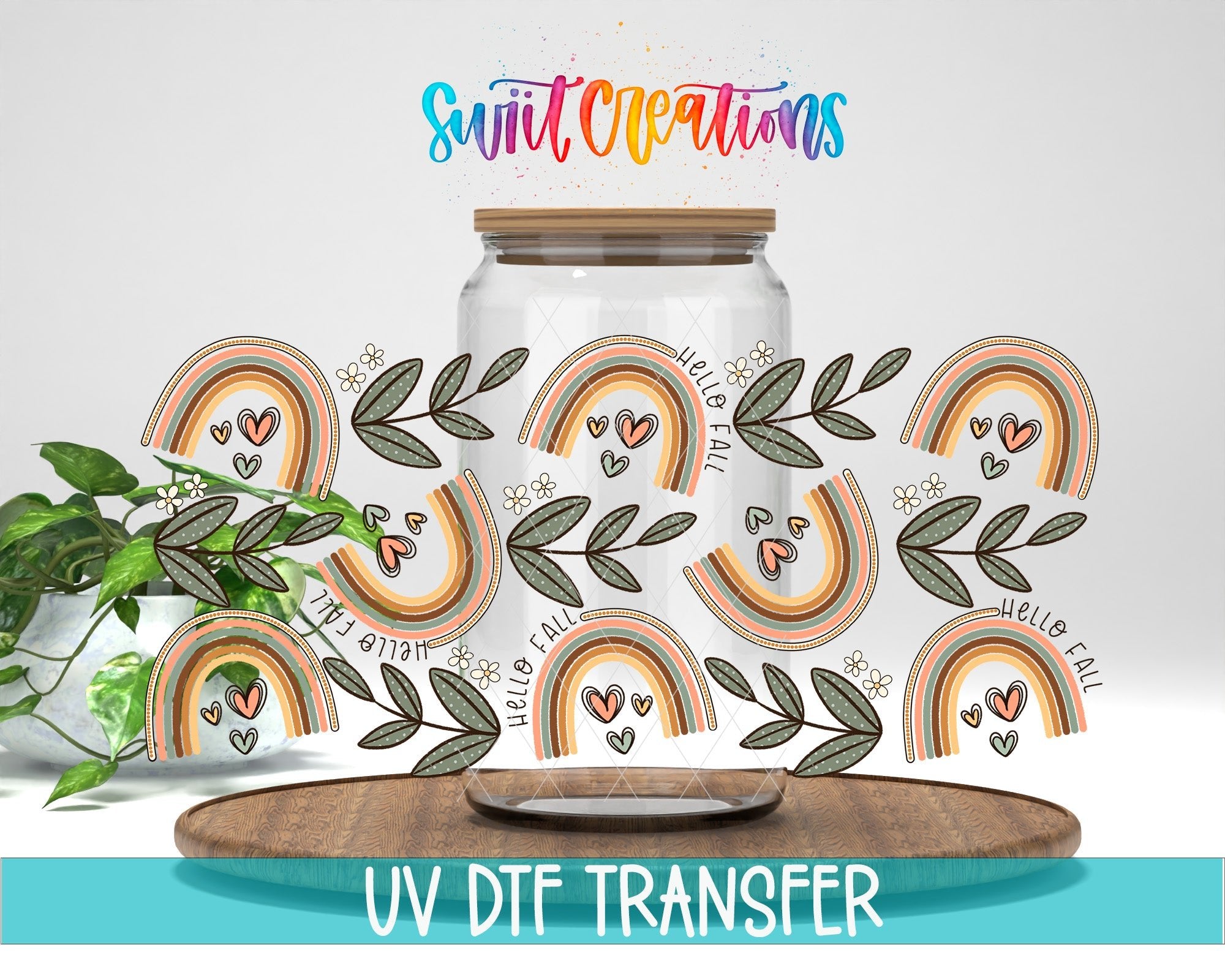 Hello Fall UV DTF Transfer Tumbler Wrap | Boho Rainbow Leaf Autumn Cup Decal | DTF271 - Swiit Creations