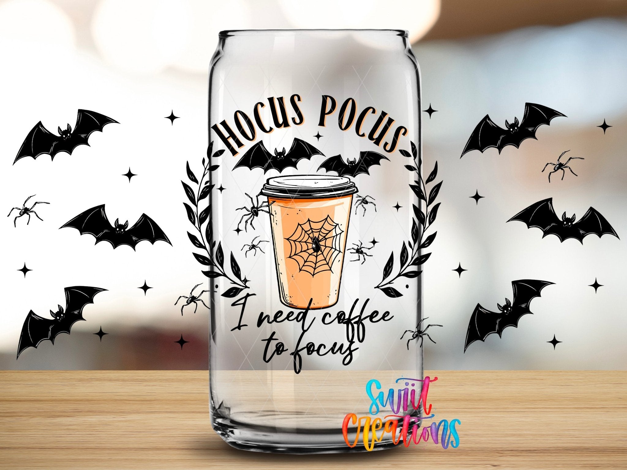 Hocus Pocus I Need Coffee To Focus UV DTF Transfer Tumbler Wrap | Spooky Bat Spider Cup Decal | DTF290 - Swiit Creations
