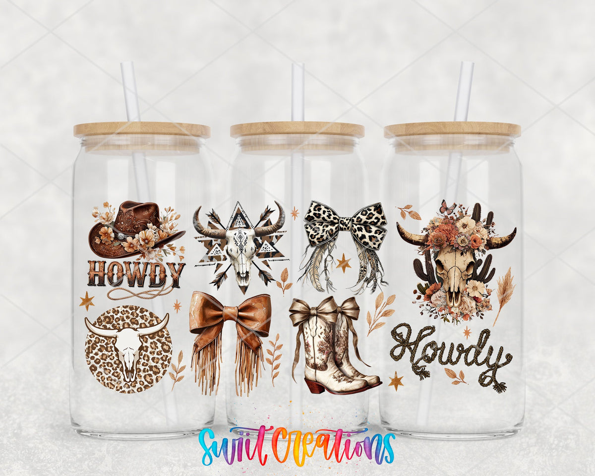 Howdy Western UV DTF Transfer Tumbler Wrap | Cow Skull Boots Leopard Bow Cowgirl | DTF288 - Swiit Creations