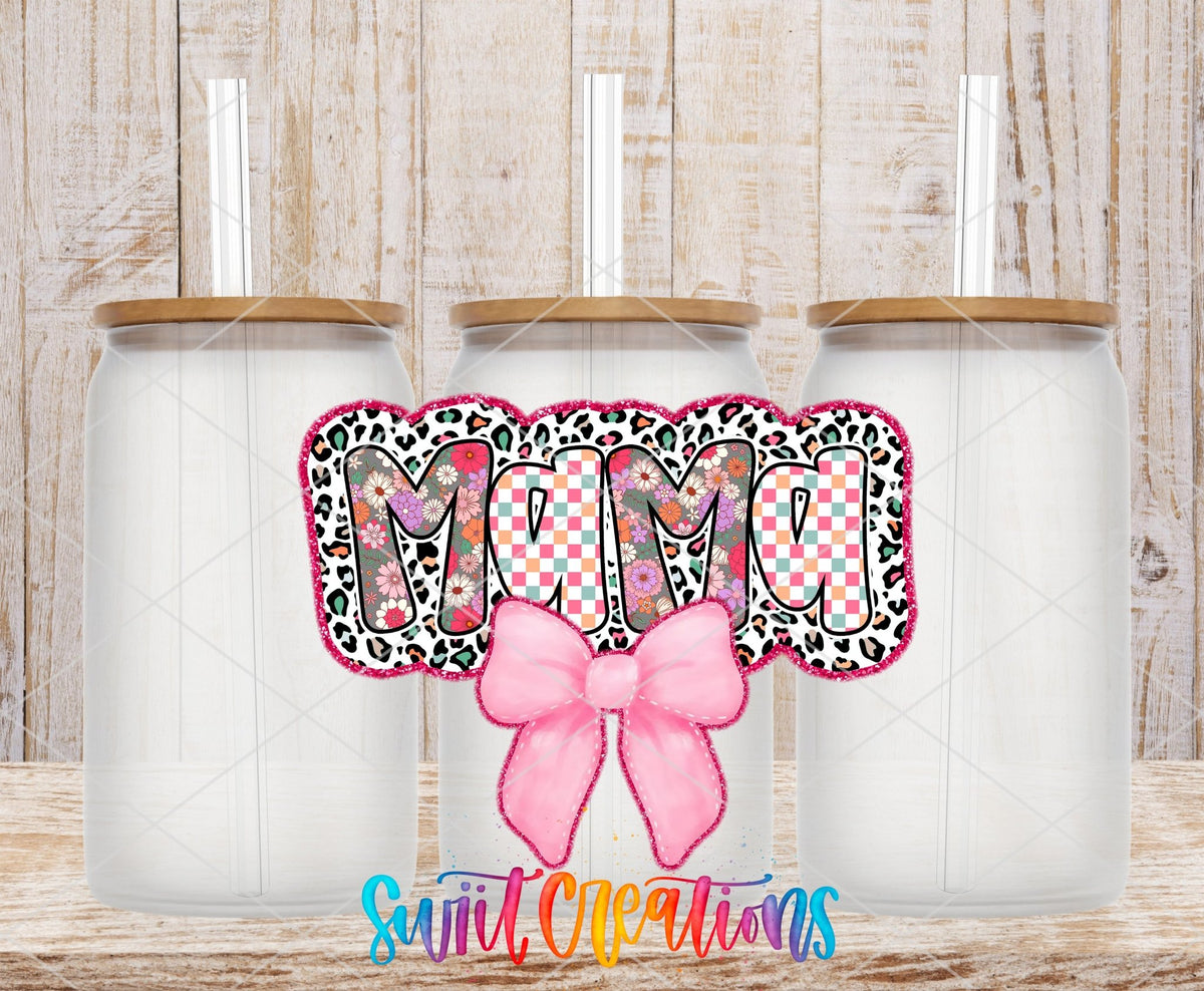 Mama UV DTF transfer applied to a clear glass can set from Swiit Creations