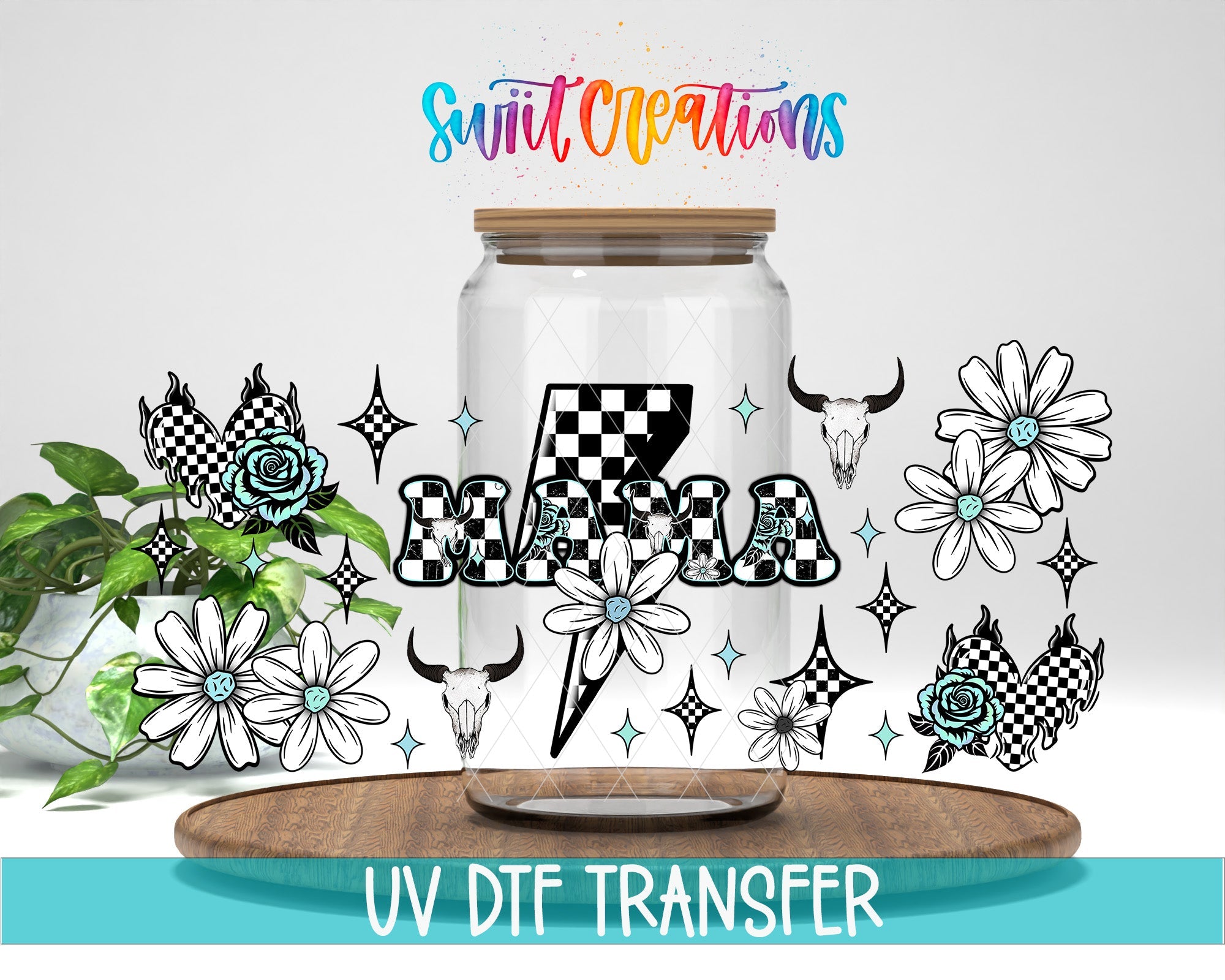 Mama UV DTF Transfer Tumbler Wrap Checkerboard Lightning Skull Floral | DTF319 - Swiit Creations