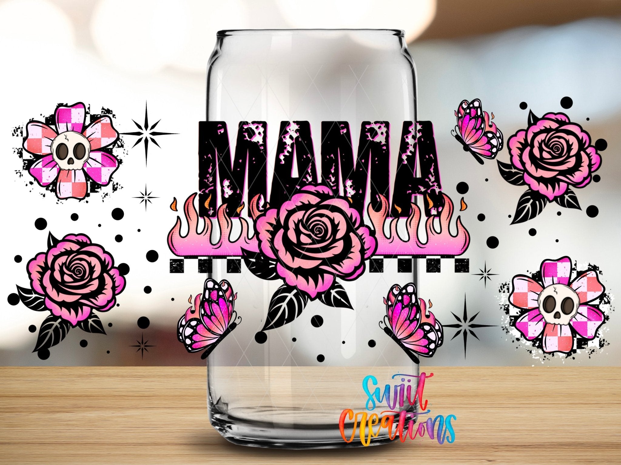 Mama UV DTF Transfer Tumbler Wrap Pink Rose Butterfly Skull Design | DTF317 - Swiit Creations