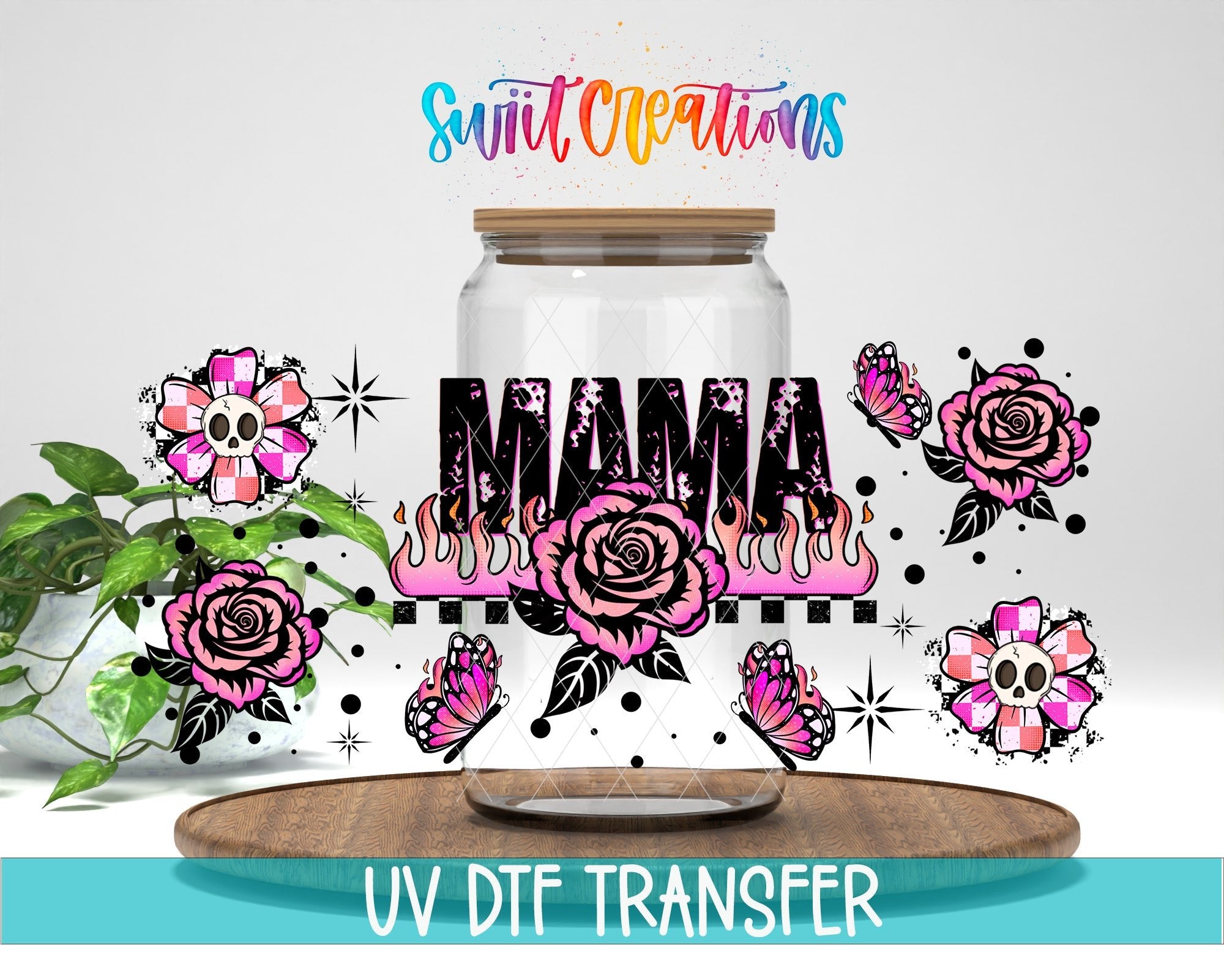 Mama UV DTF Transfer Tumbler Wrap Pink Rose Butterfly Skull Design | DTF317 - Swiit Creations