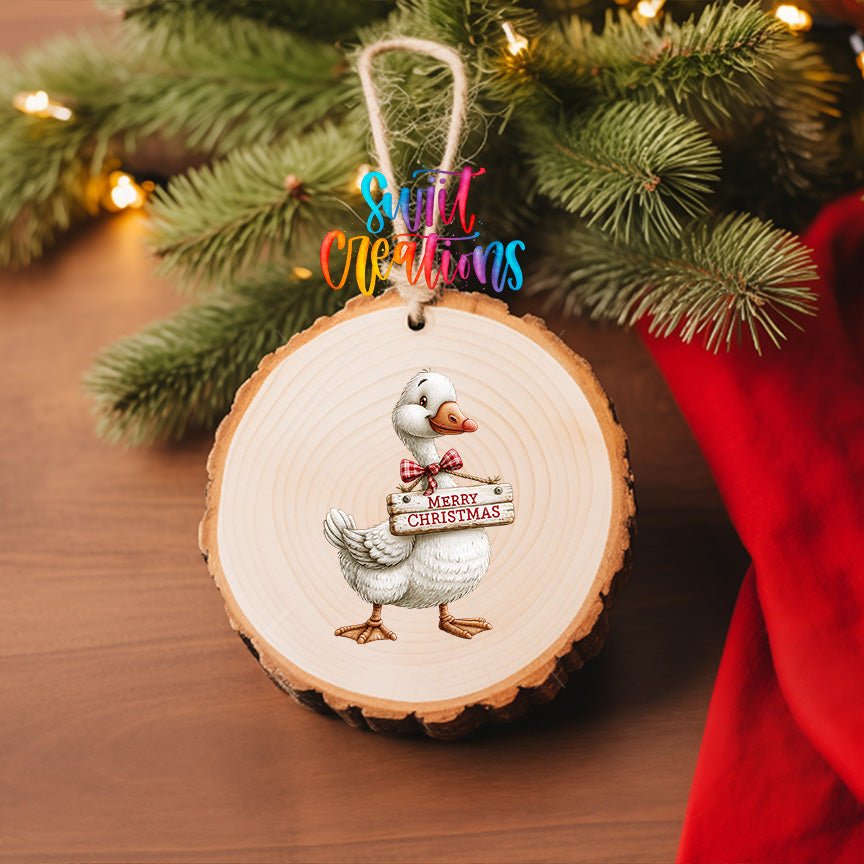 Merry Christmas Goose Ornament UV DTF Transfer | White Goose with Red Plaid Bow and Rustic Sign | O-2252 - Swiit Creations