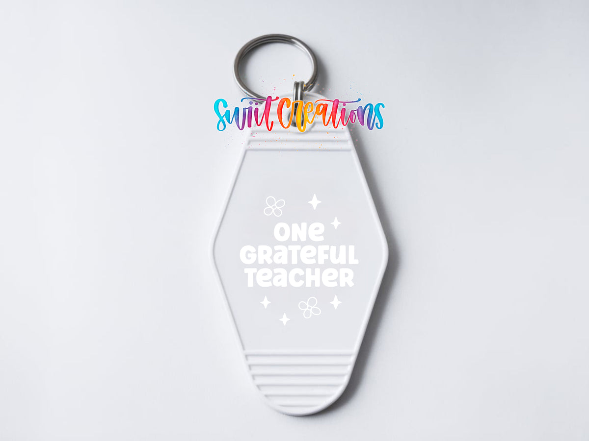 One Grateful Teacher motel keychain UV DTF transfer clean keychain mockup by Swiit Creations
