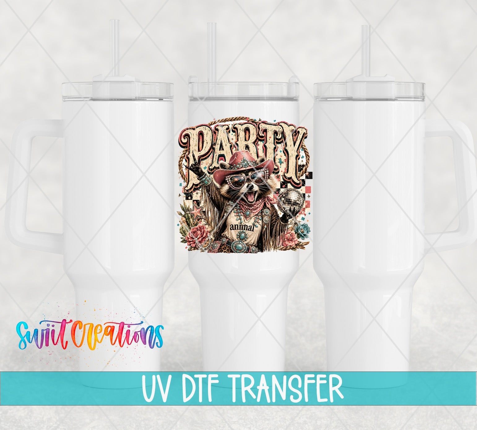 Party Animal Western Glam Raccoon UV DTF Transfer | Retro Cowgirl Raccoon Drinkware Design | UV2085 - Swiit Creations