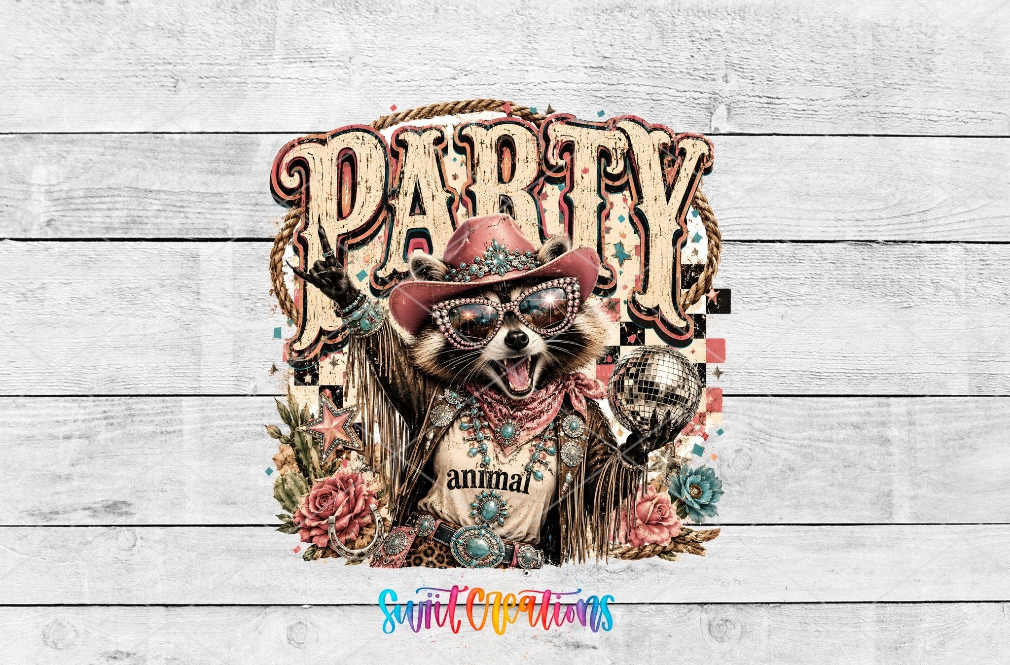Party Animal Western Glam Raccoon UV DTF Transfer | Retro Cowgirl Raccoon Drinkware Design | UV2085 - Swiit Creations