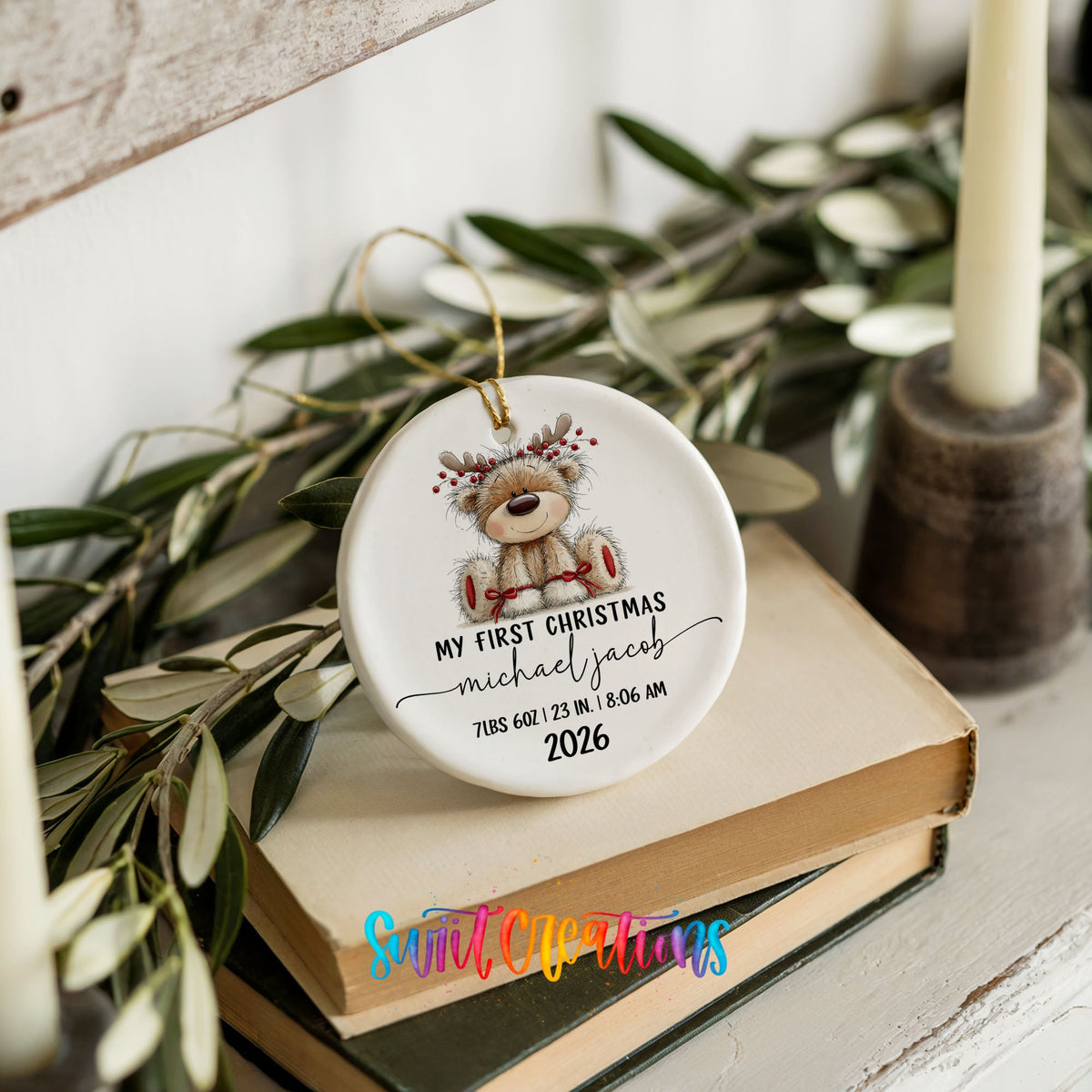 Personalized Baby’s First Christmas Ceramic Ornament | Reindeer Birth Stats Keepsake | CO004 - Swiit Creations