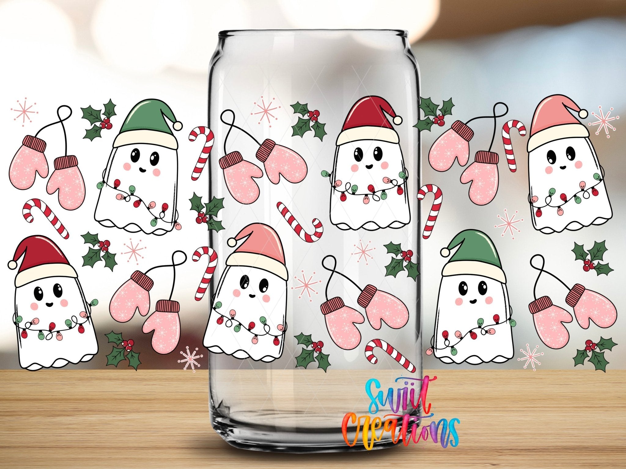 Pink Christmas Ghosts Candy Cane UV DTF Transfer Tumbler Wrap | DTF118 - Swiit Creations