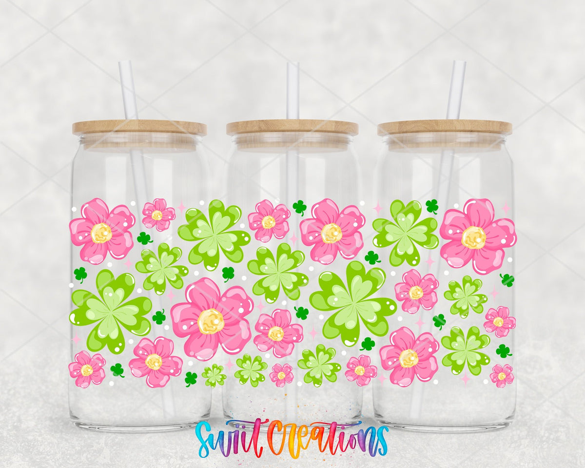 Pink Flower and Clover Spring St Patricks UV DTF Transfer Tumbler Wrap | DTF323 - Swiit Creations