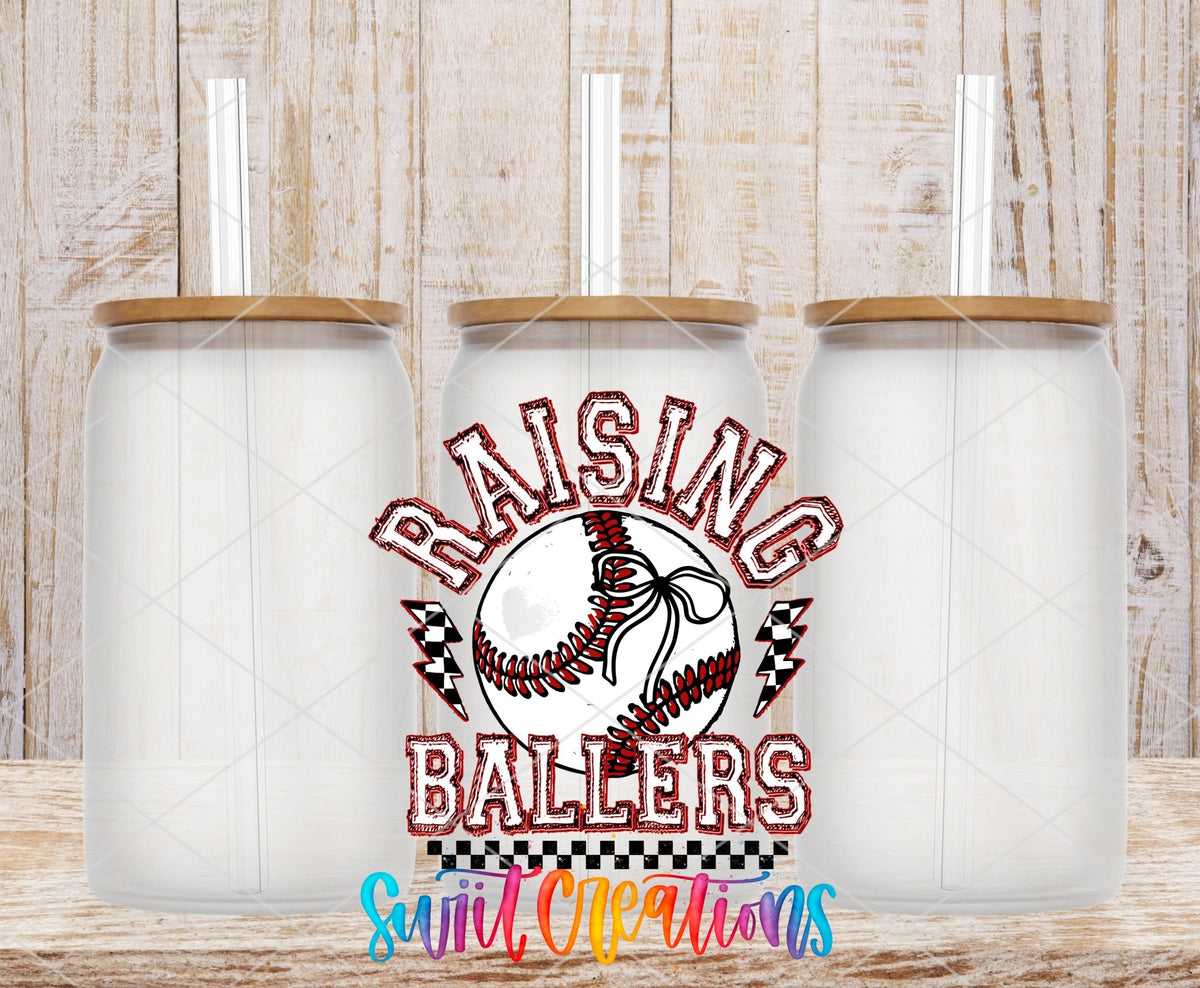 Raising Ballers Baseball UV DTF transfer applied to a clear glass can set from Swiit Creations