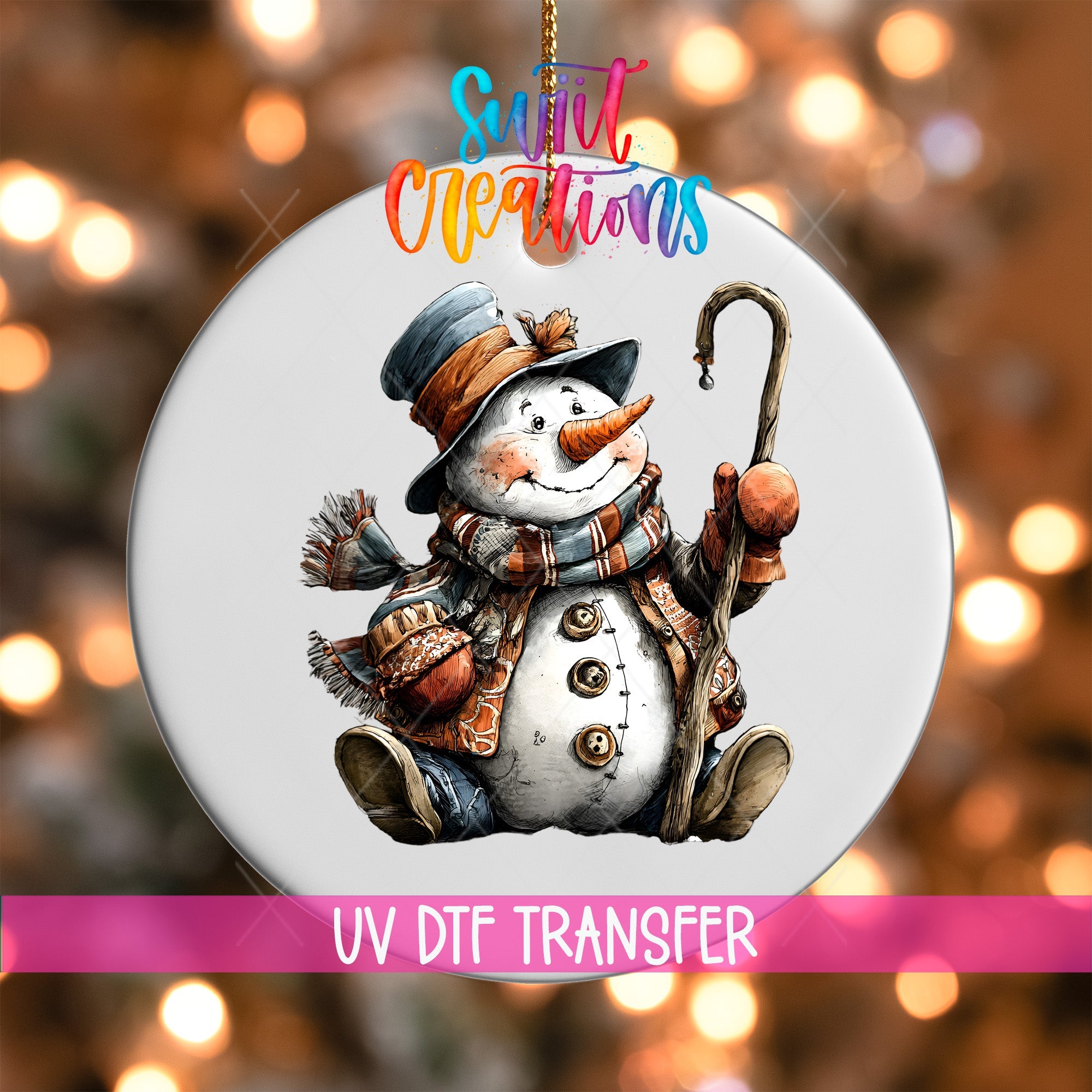 Rustic Snowman With Walking Stick UV DTF Ornament Transfer | O-1905 - Swiit Creations