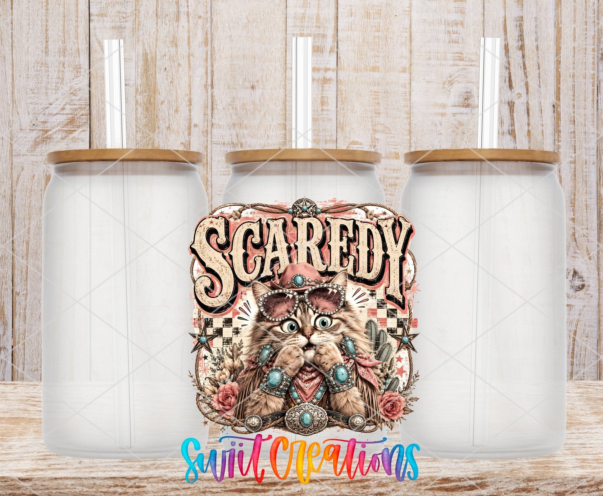 Scaredy Cat Western Cat UV DTF Transfer | Retro Cowboy Cat Drinkware Design | UV2088 - Swiit Creations