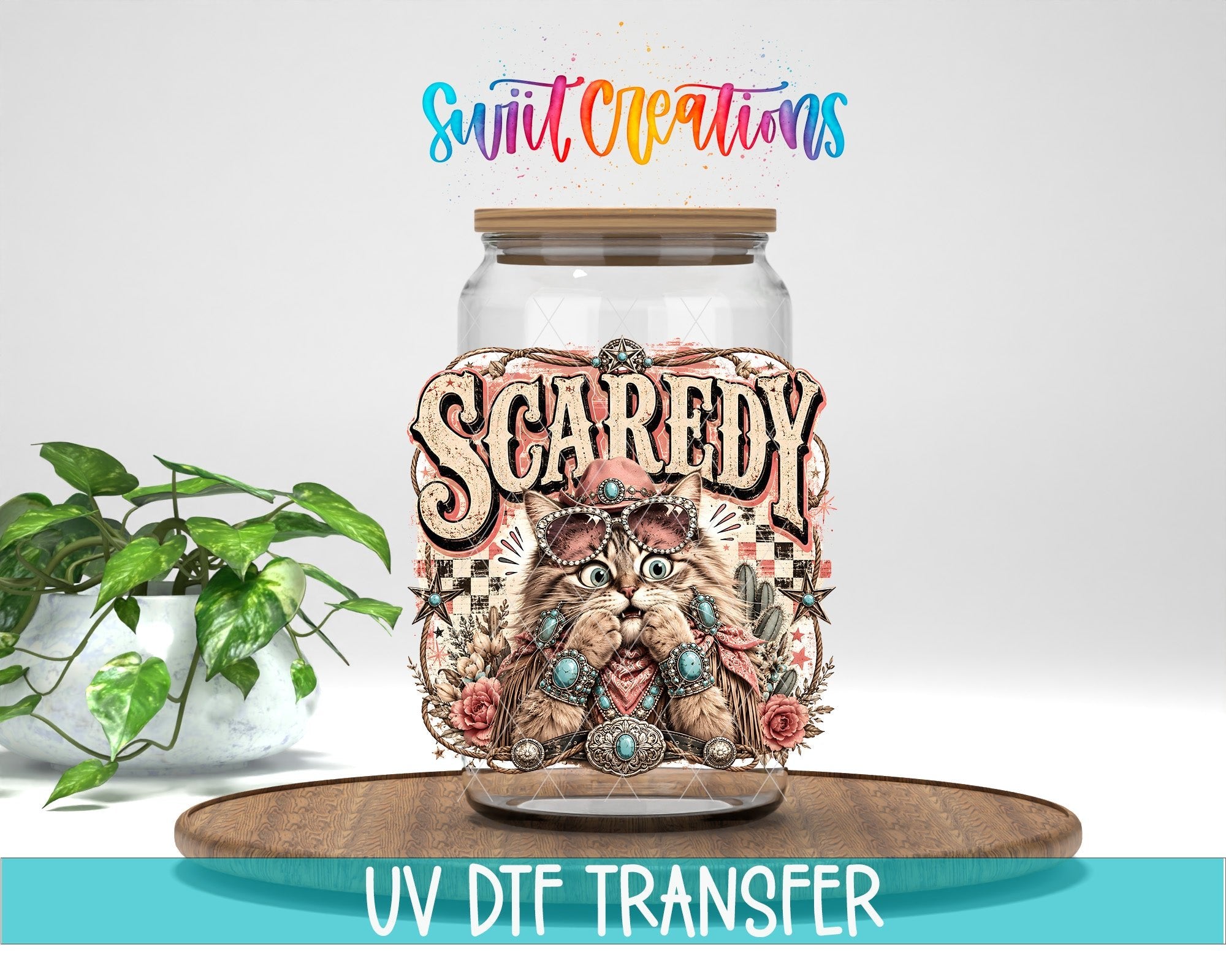 Scaredy Cat Western Cat UV DTF Transfer | Retro Cowboy Cat Drinkware Design | UV2088 - Swiit Creations