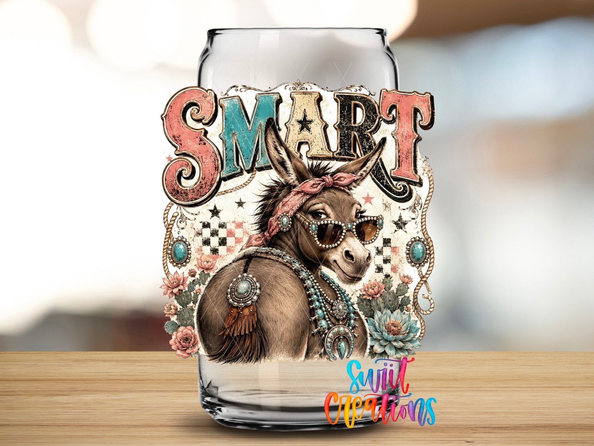Smart Ass Western Donkey UV DTF Transfer | Retro Cowboy Donkey Drinkware Design | UV2090 - Swiit Creations