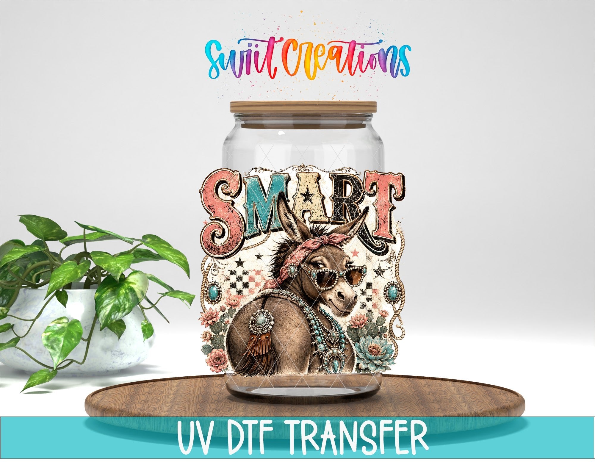 Smart Ass Western Donkey UV DTF Transfer | Retro Cowboy Donkey Drinkware Design | UV2090 - Swiit Creations