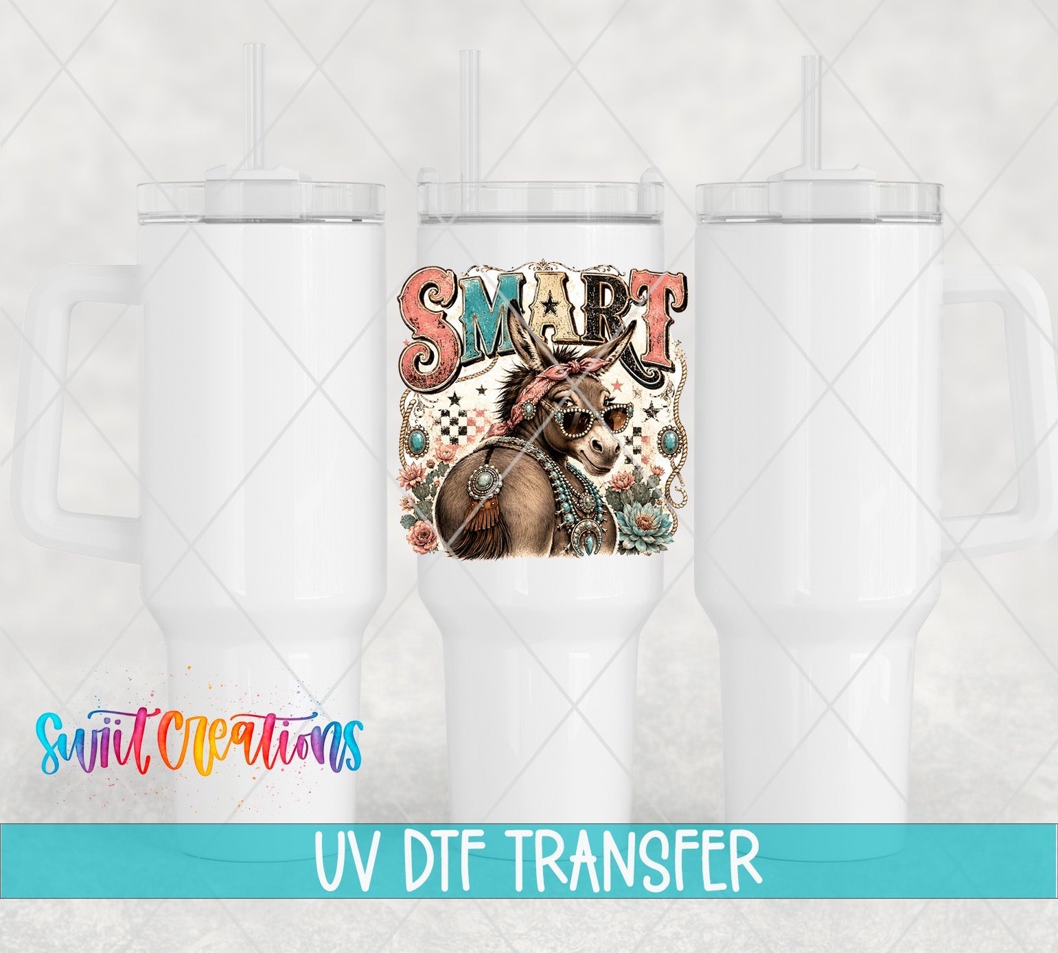 Smart Ass Western Donkey UV DTF Transfer | Retro Cowboy Donkey Drinkware Design | UV2090 - Swiit Creations