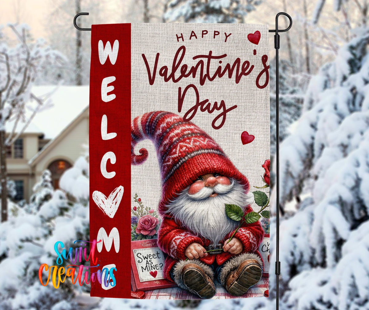 Valentine’s Day Yard Flag | Cute Gnome Valentine Garden Flag with Hearts and Flowers | Outdoor Holiday Decor | YF81 - Swiit Creations