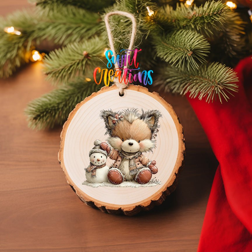 Winter Fox and Snowman Ornament UV DTF Transfer | Blush Pink Woodland Friends in Snow | O-2182 - Swiit Creations