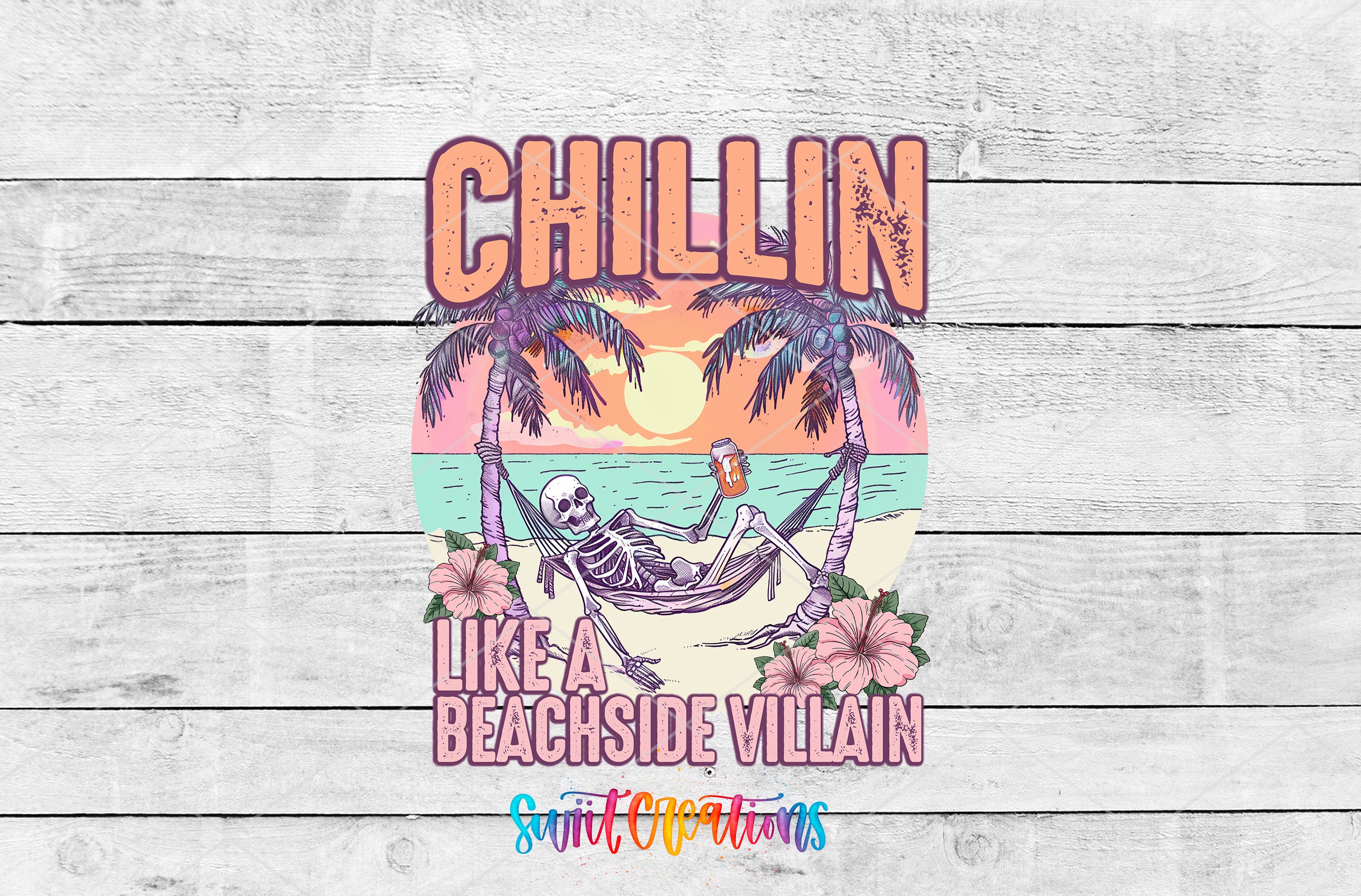 A cartoon-style illustration of a skeleton relaxing on a beach, with palm trees, flowers, and a sunset in the background. The text above the illustration says "CHILLIN LIKE A BEACHSIDE VILLAIN".