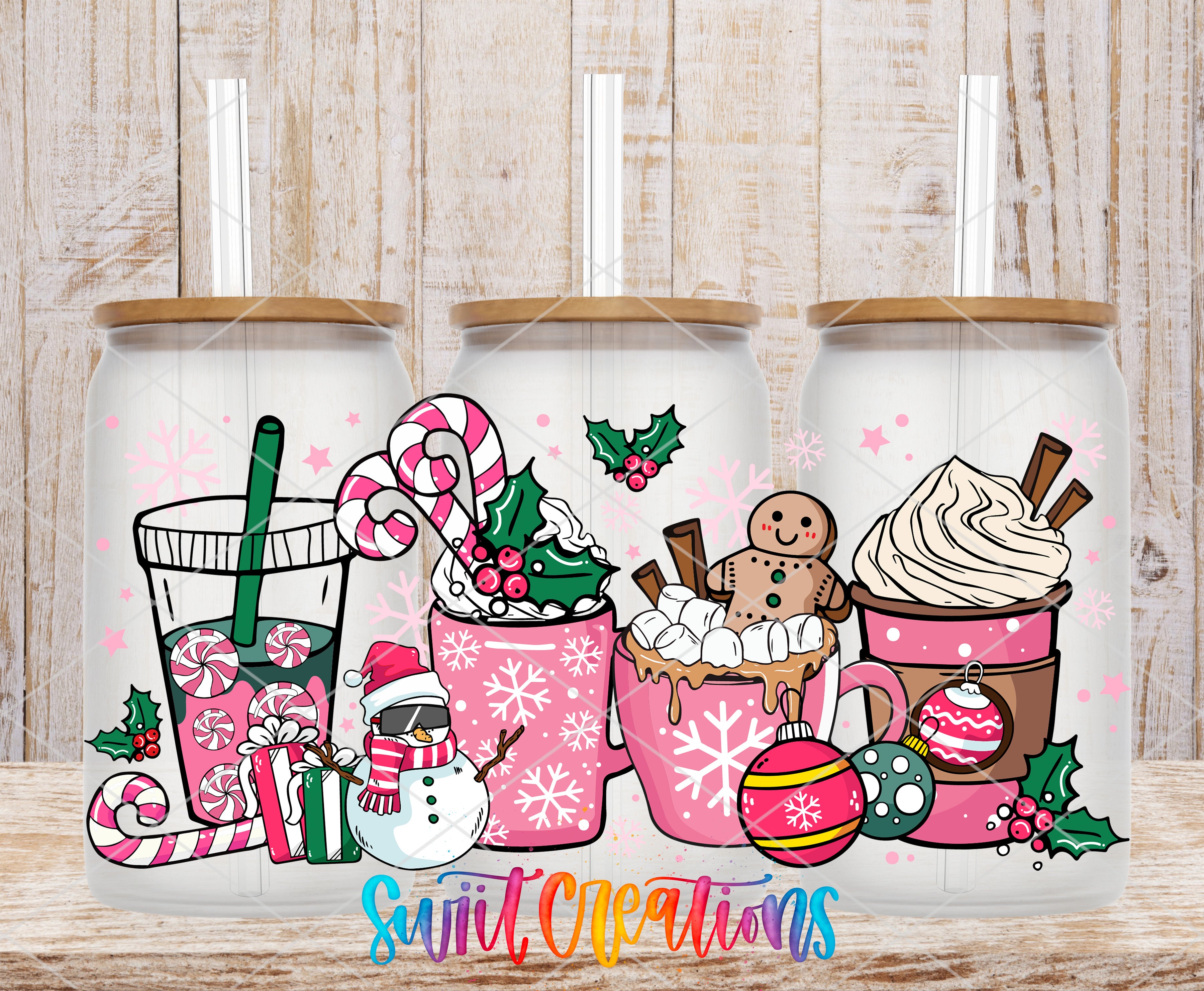 A collection of three glass jars filled with various hot beverages, including hot chocolate, coffee, and tea, decorated with festive elements such as snowmen, gingerbread men, and Christmas ornaments.