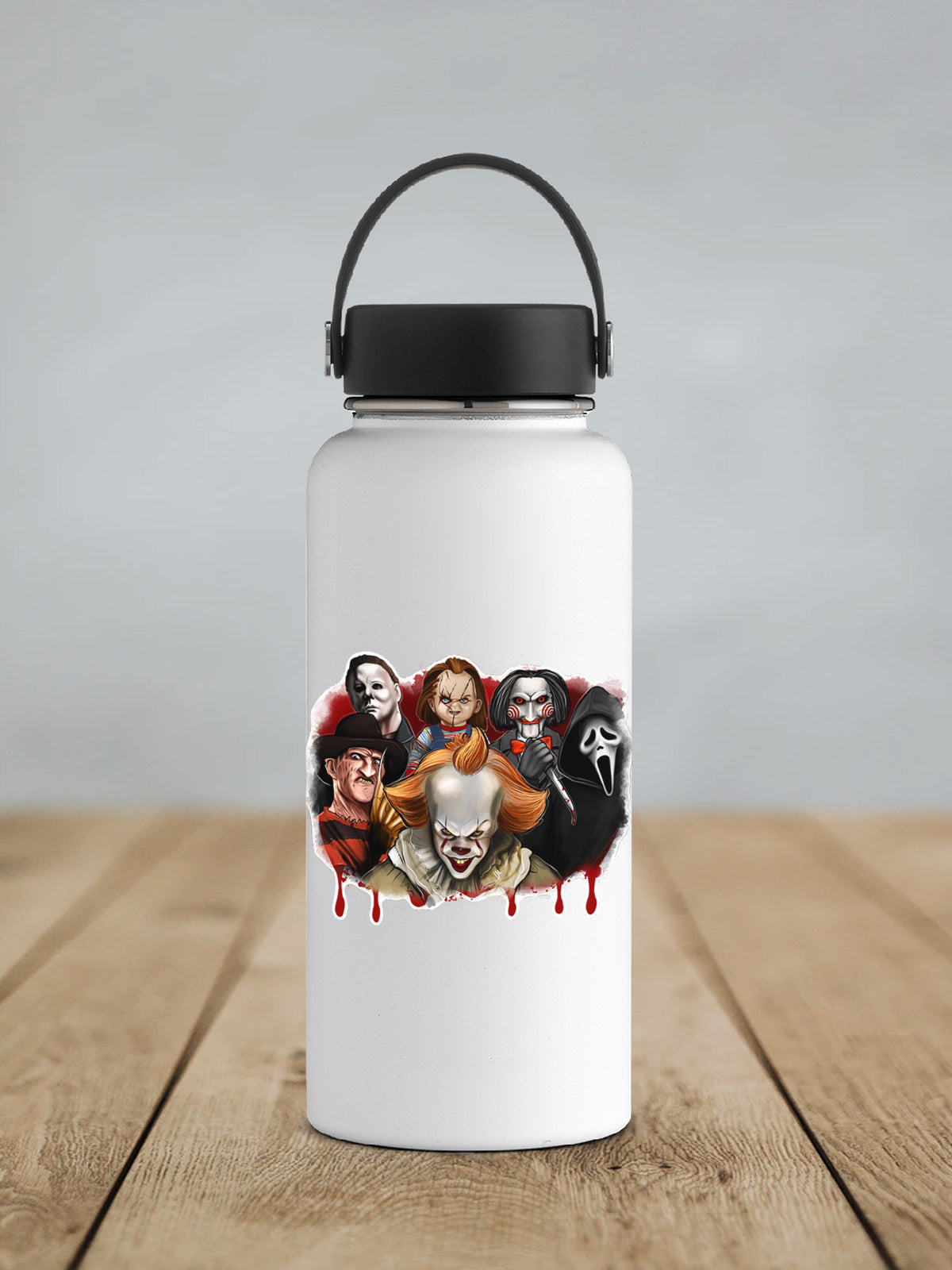 a water bottle with a picture of a group of people on it