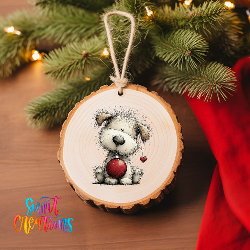 A wooden ornament featuring a cartoon dog holding a red heart, hanging on a Christmas tree.