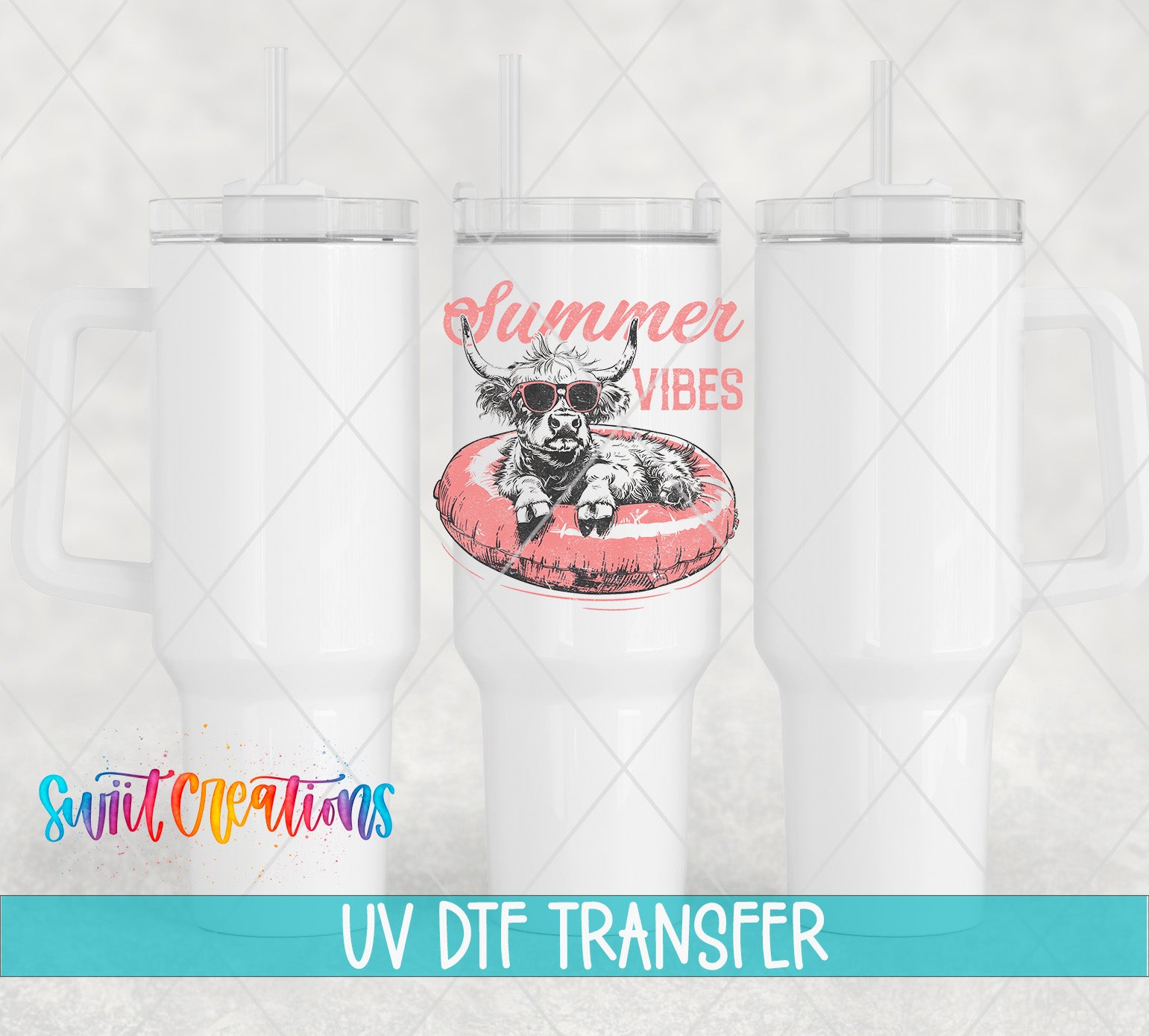 three white tumblers with a printed design on them, including a cow illustration and the text "Summer VIBES".