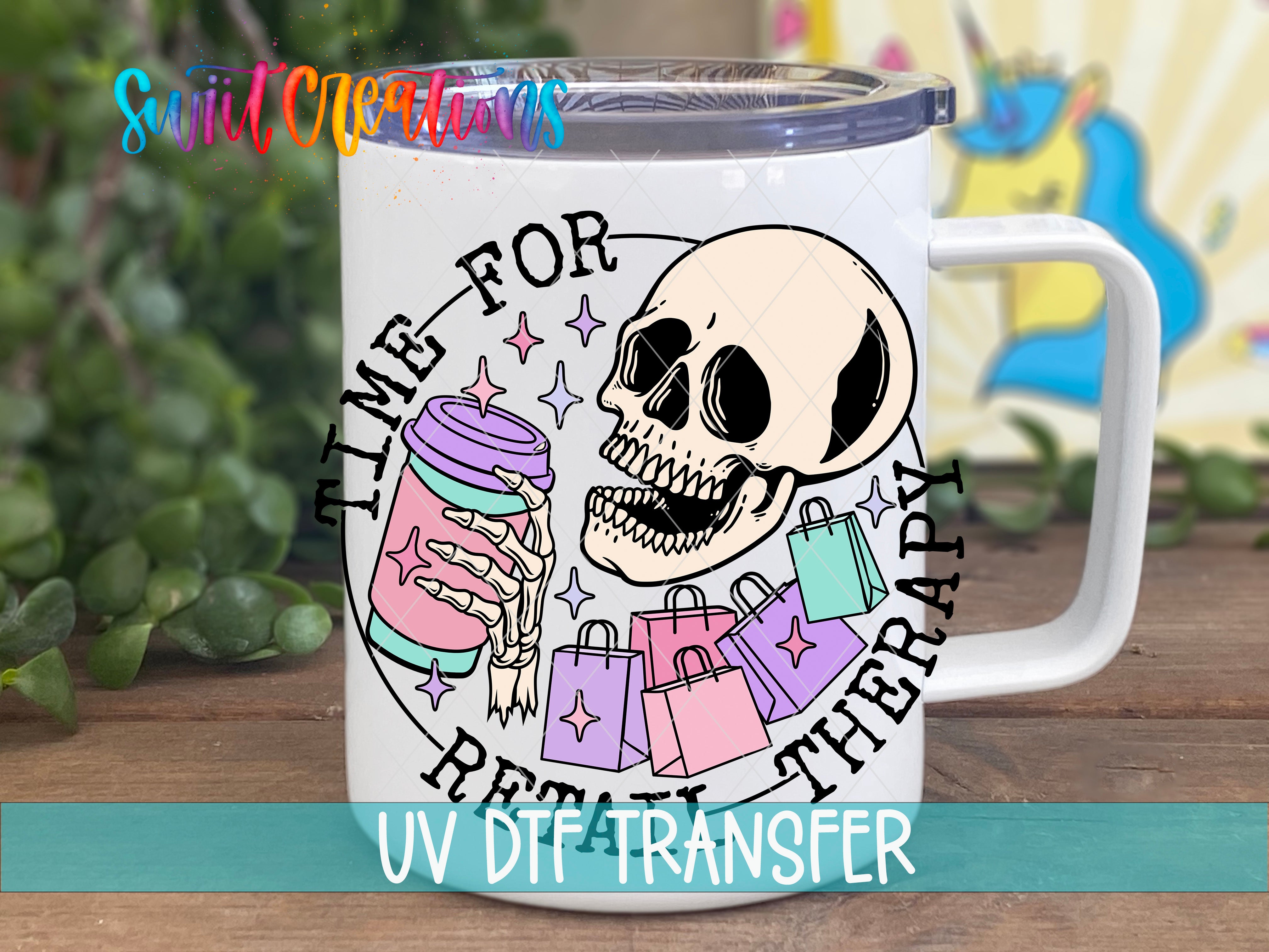 A white mug with a colorful design featuring a skull, shopping bags, and a can of soda.