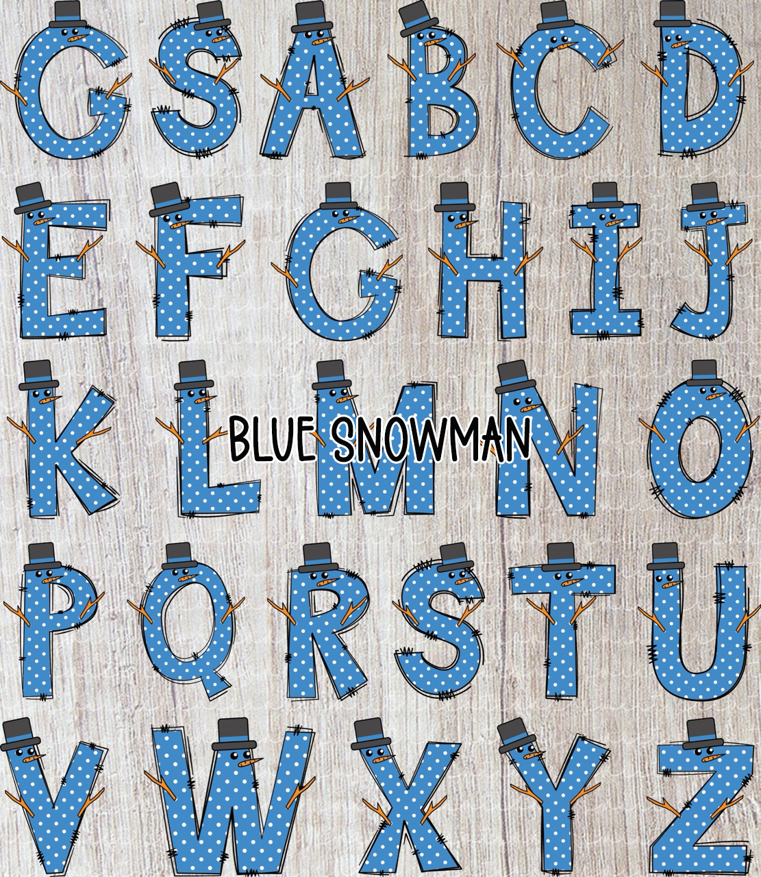 a collection of blue letters with snowman faces attached to them, arranged in a grid-like pattern.