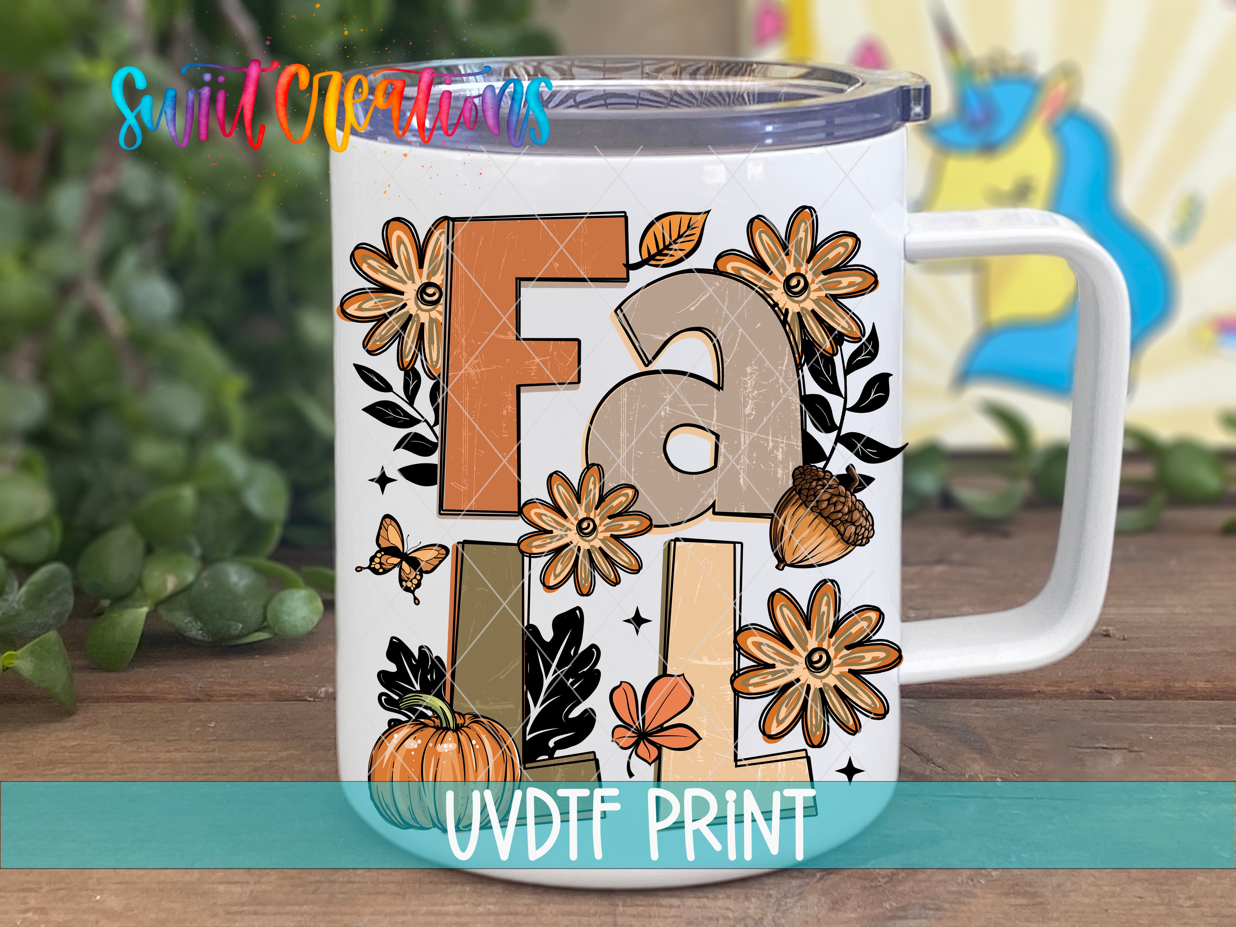 A white mug with a colorful design featuring autumn-themed elements such as flowers, leaves, and a pumpkin.