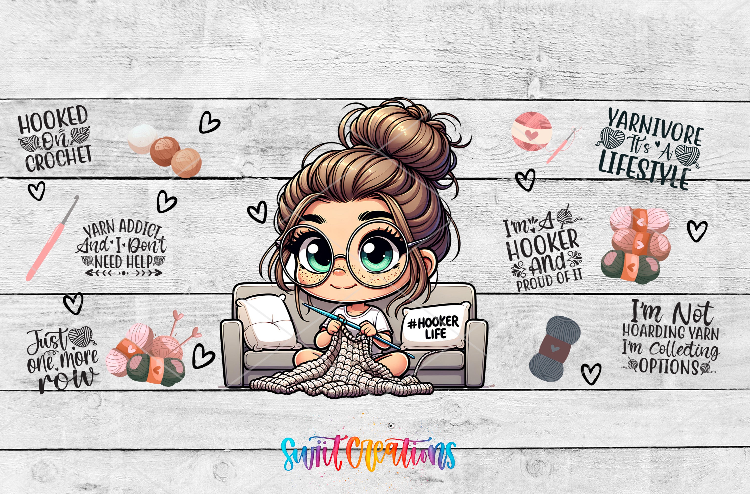 A cartoon image of a woman sitting on a couch and knitting, surrounded by various crochet-related items and text.