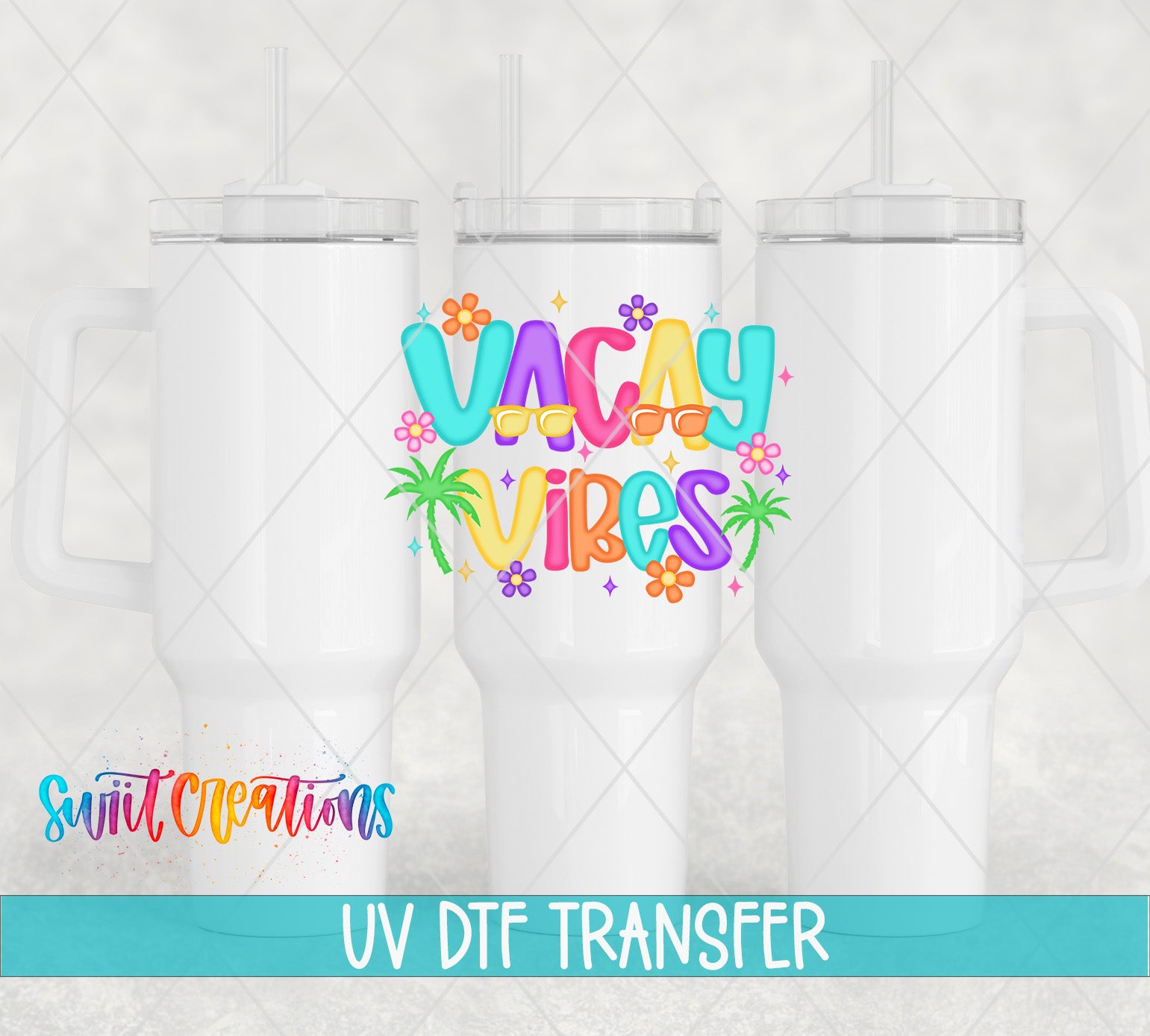 three white tumblers with a colorful design and text that says "Vacay vibes" in a stylized font.