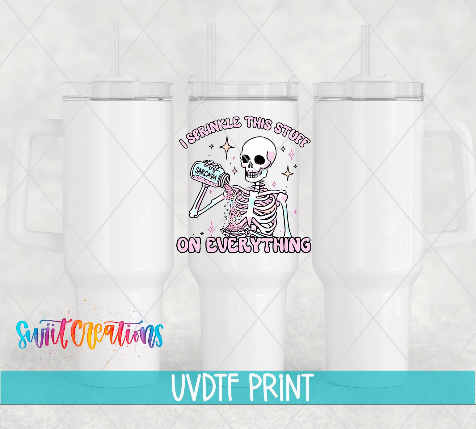 a white ceramic mug with a printed design on it, including a skeleton holding a can of soda and the text "I sprinkle this stuff on everything".