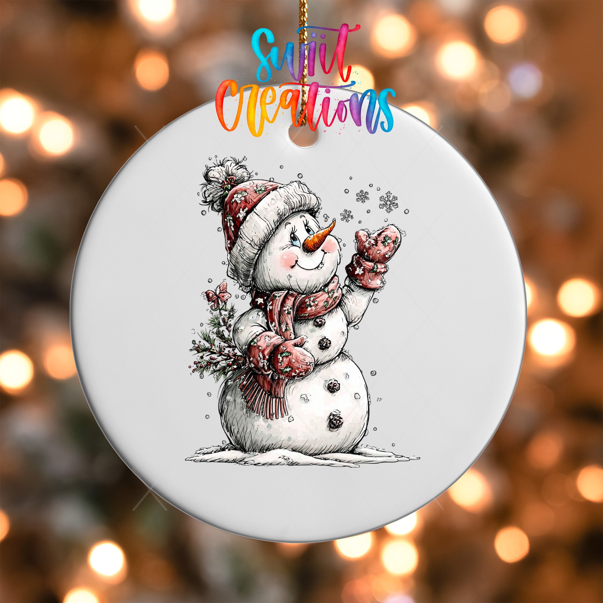 A snowman ornament with a colorful background and a snowflake design.