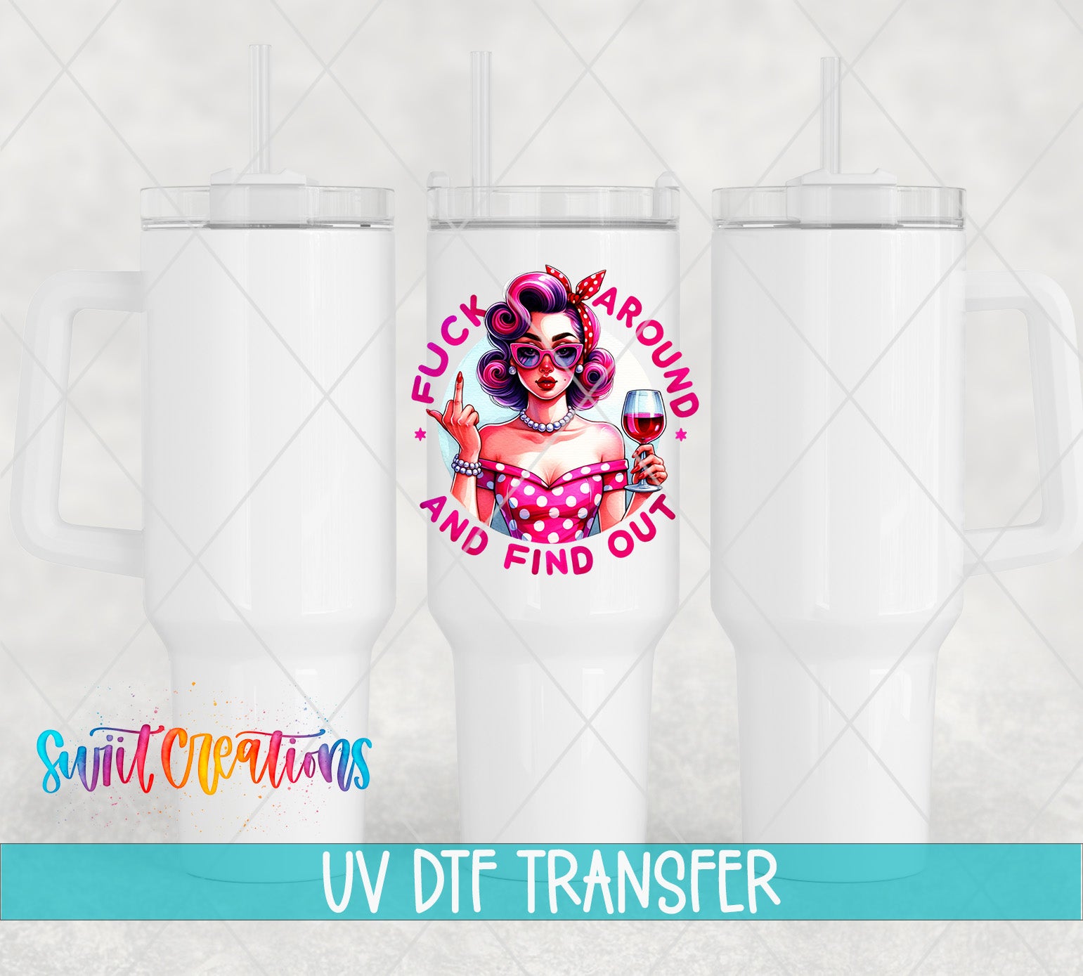 three white tumblers with a colorful graphic design on the front, including a woman with curly hair and a pink polka dot dress.